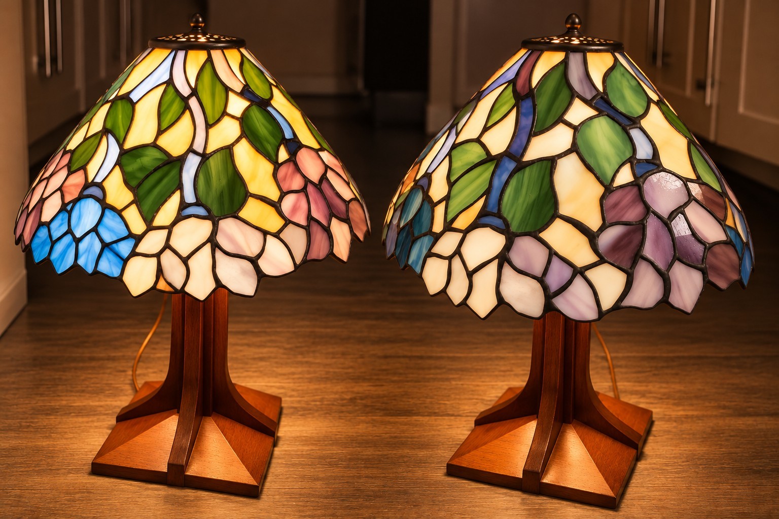 Pair of Tiffany-Style Floral Stained Glass Lamp Shades – 14\