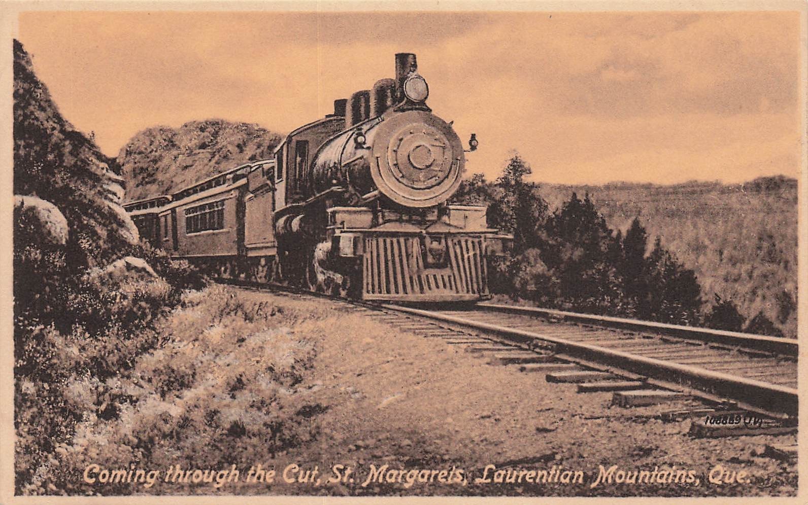 Steam Train St Margaret’s Cut Laurentian Mountains Quebec Canada Vtg Postcard I6