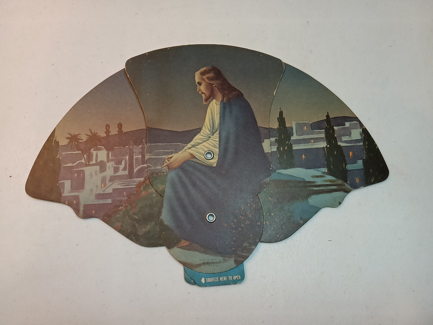 Vtg. Religious Paper Fan Jesus On The Mount Of Olive Made In Illinois Advertisin