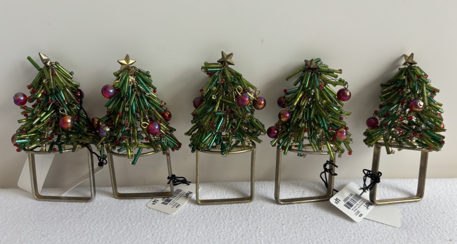 VTG  Pier One Set 5 Beaded Napkin Rings Christmas Tree w Star Whimsical 90s Tags