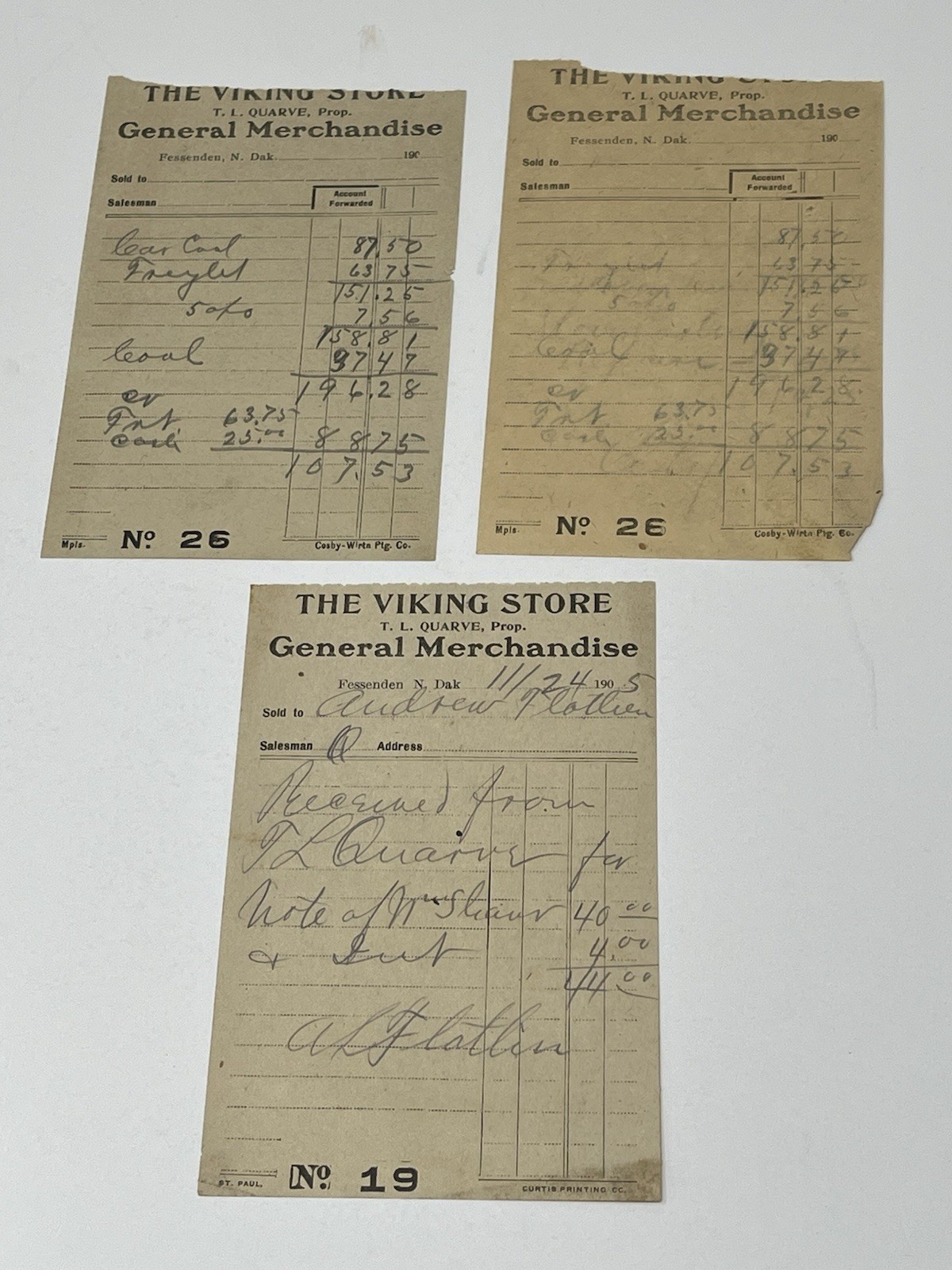 1905 Viking Store Fessenden ND T L Quarve General Merchandise Receipts Lot 1905 Viking Store Fessenden ND T L Quarve General Merchandise Receipts Lot