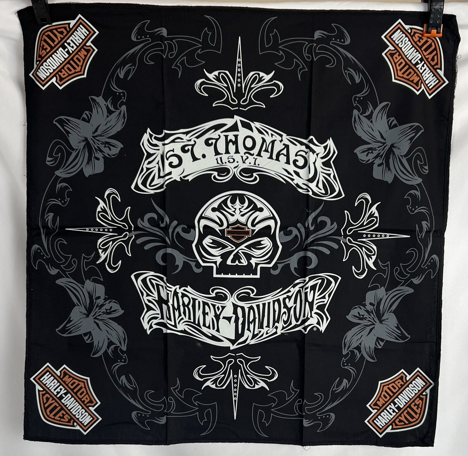 Harley Davidson Motorcycles Bandana Black Saint Thomas Islands 22” X 22” NEW Harley Davidson Motorcycles Bandana Black Saint Thomas Islands 22” X 22” NEW