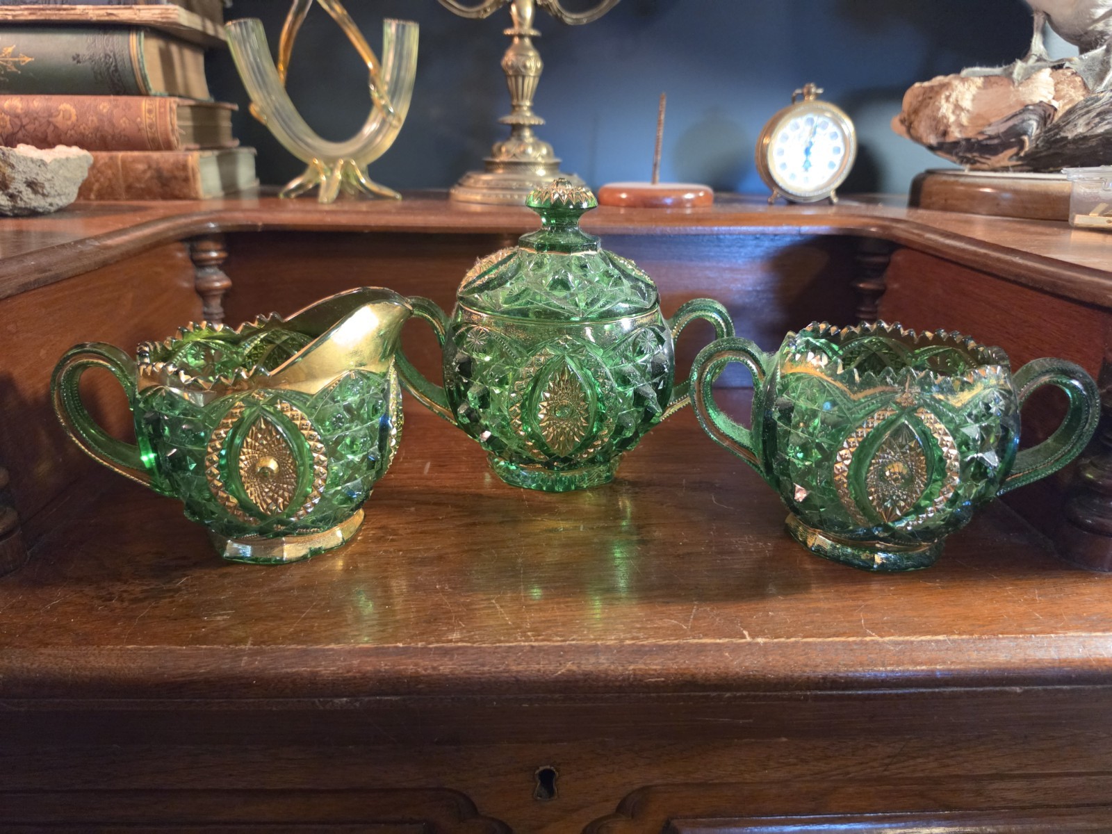 EAPG Northwood Green Glass Sugar Bowl And Creamer Set With Open Bowl