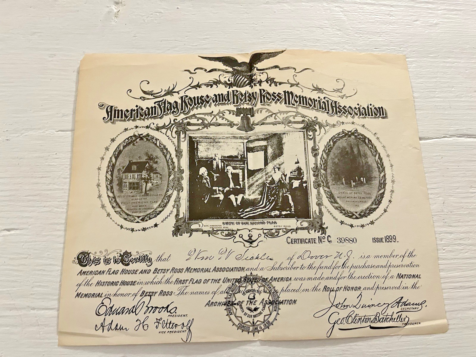 Antique 1899 American Flag House and Betsy Ross Memorial Association Certificate