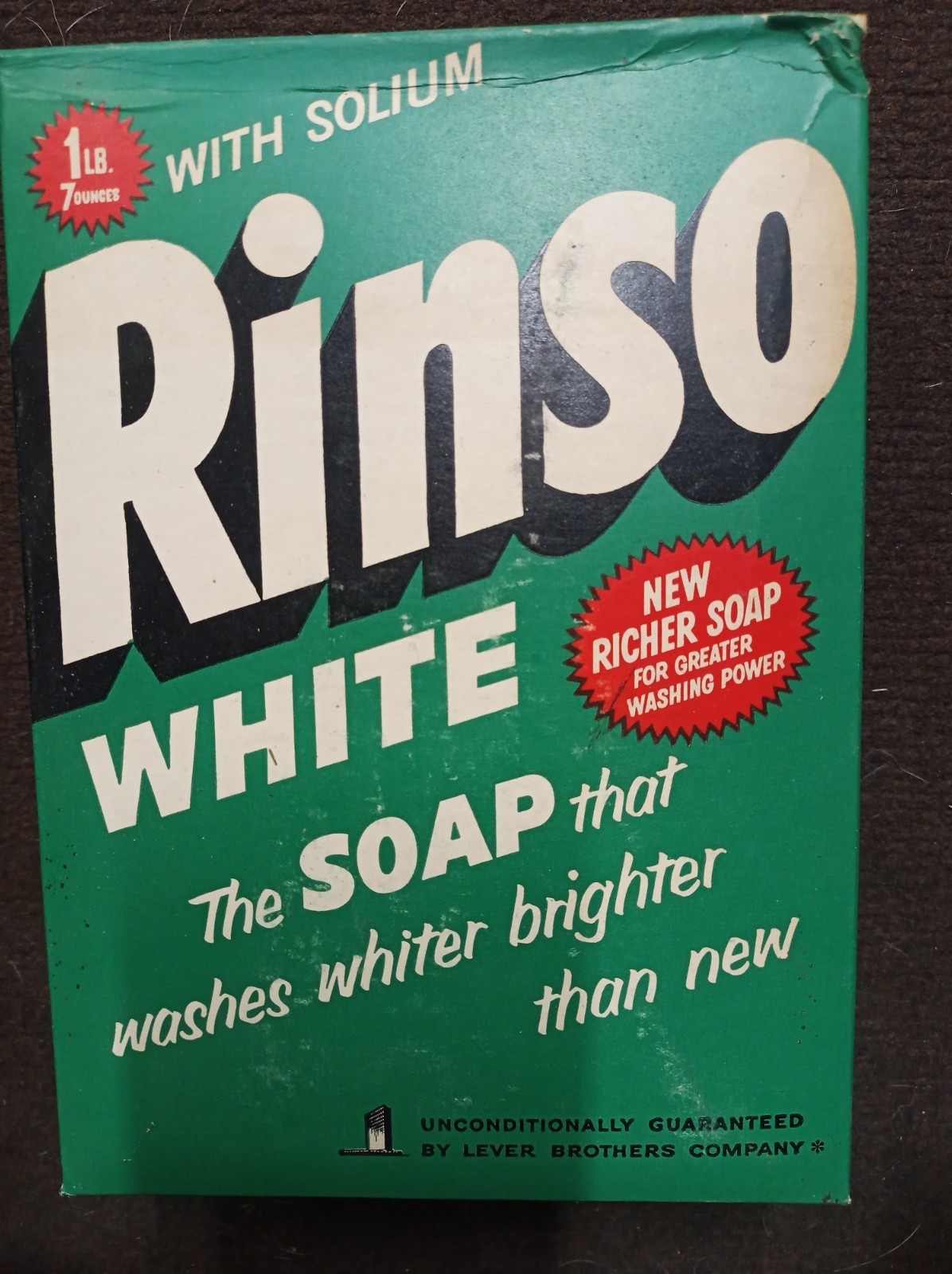 Rinso White Detergent w/Solium Large Size Unopened Full Box Nylon Offer 1st Run Rinso White Detergent w/Solium Large Size Unopened Full Box Nylon Offer 1st Run