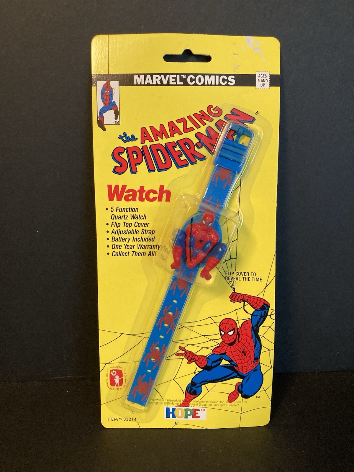 Spiderman Figural  Watch 1990 On Card by Hope