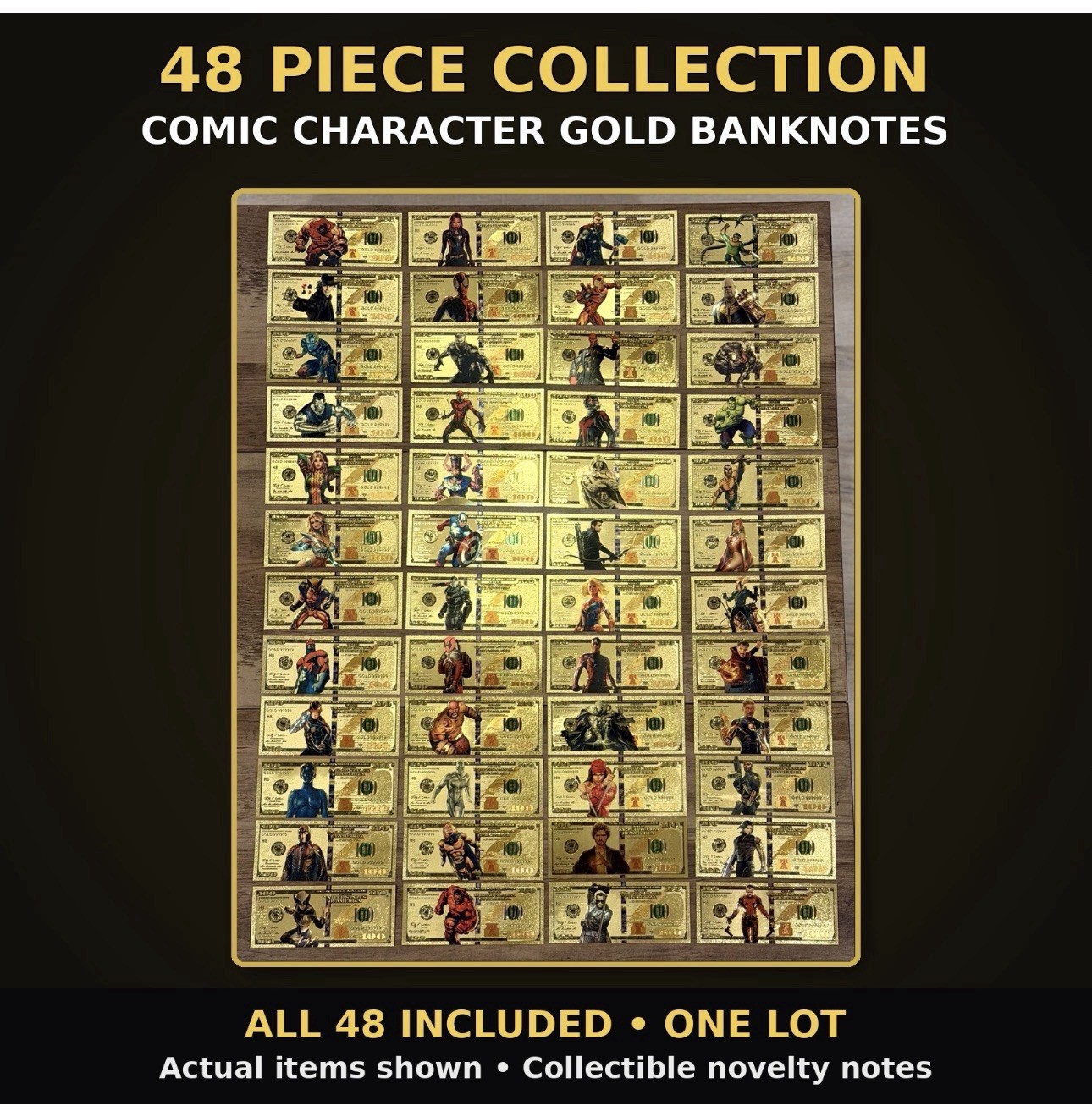 Rare 48pc HUGE Set 24k Gold Foil Plated Marvel Super Hero Banknote
