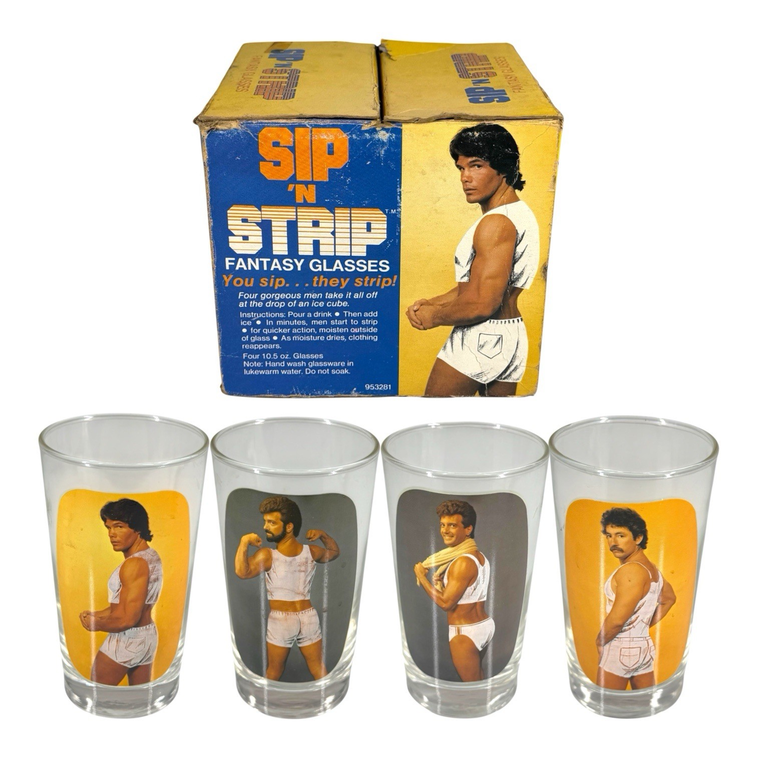 Vintage 1983 Sip N Strip Fantasy Glasses Set 4 Box Nude Men Spencer Gay Interest