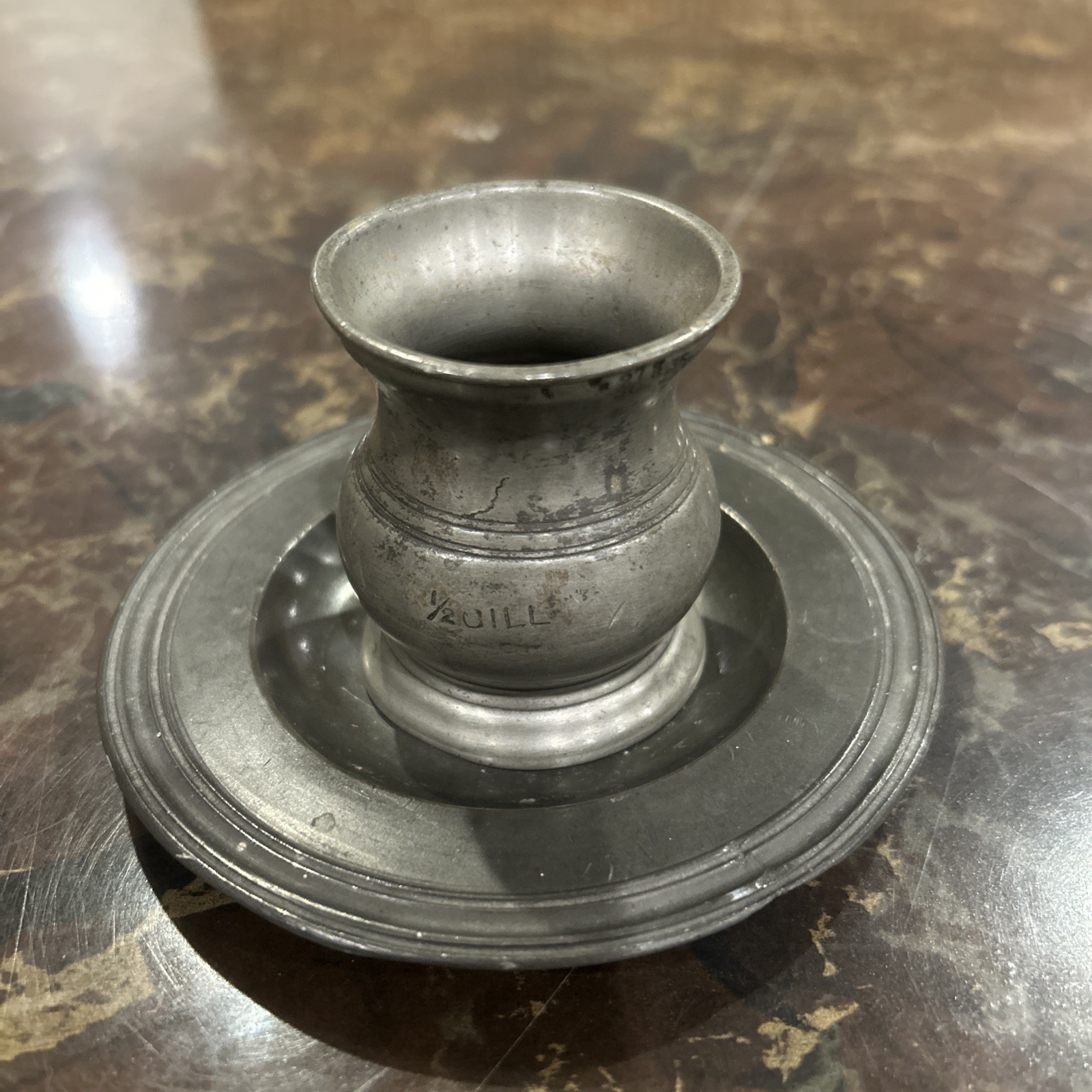 Antique 18Th-Century English Pewter 1/2 Gill Measure Cup And 4-1/2” Plate Set Antique 18Th-Century English Pewter 1/2 Gill Measure Cup And 4-1/2” Plate Set