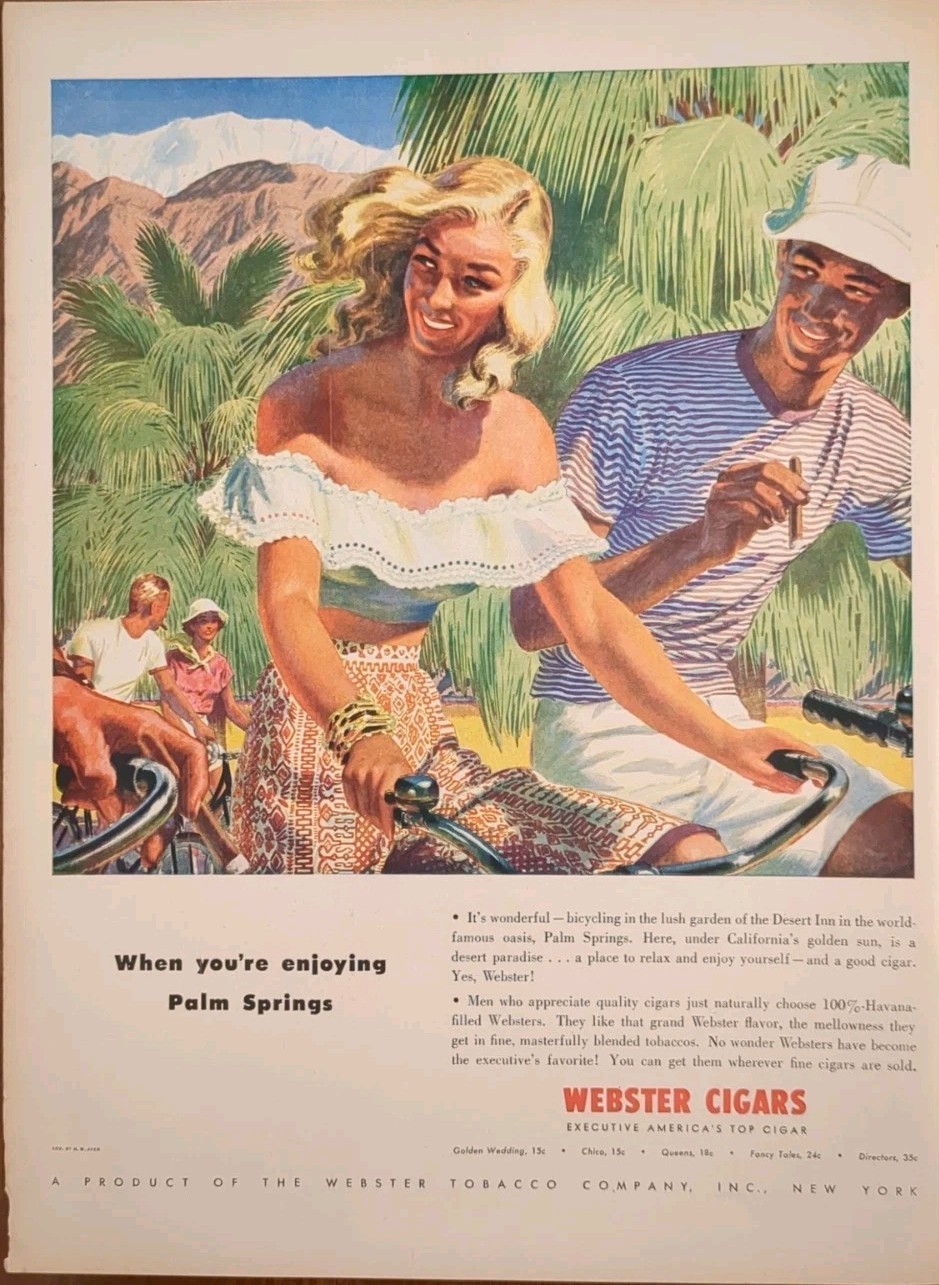 1946 vintage Webster cigars print ad, Riding Bicycles In Palm Springs California