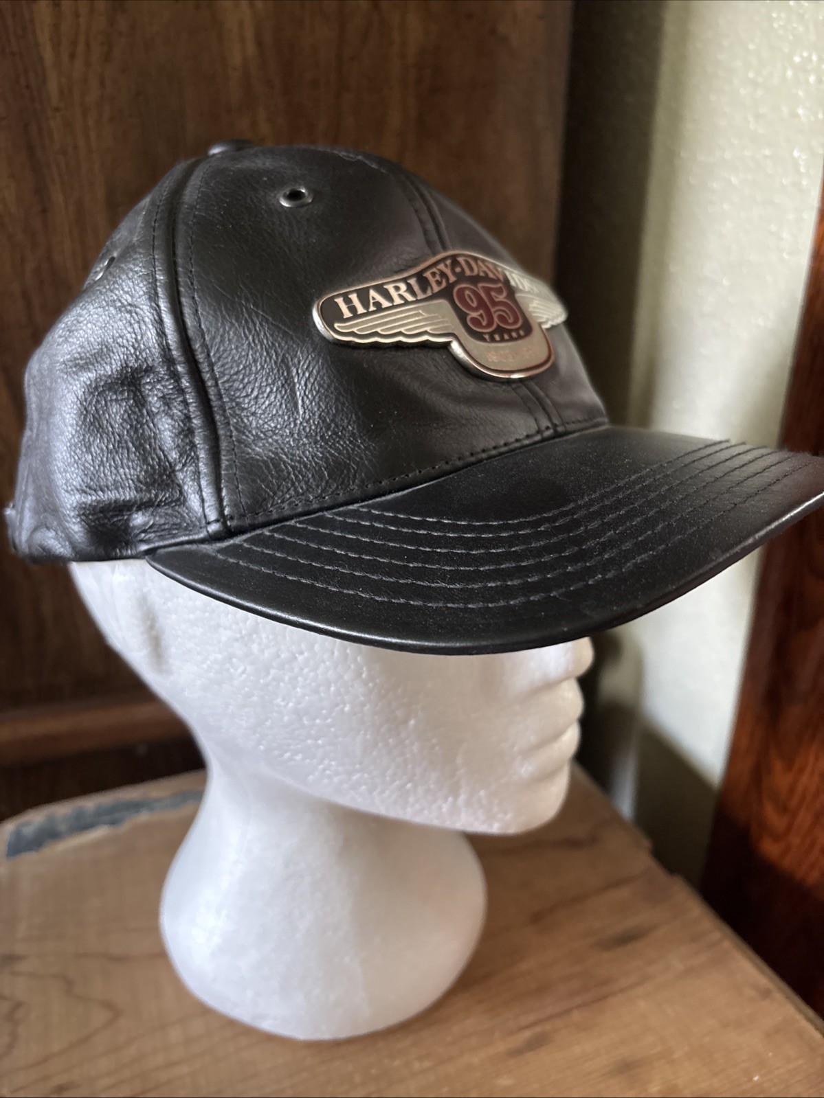 HARLEY DAVIDSON Black Leather 95th Anniversary 1903-1998 Baseball Hat Cap NWOT