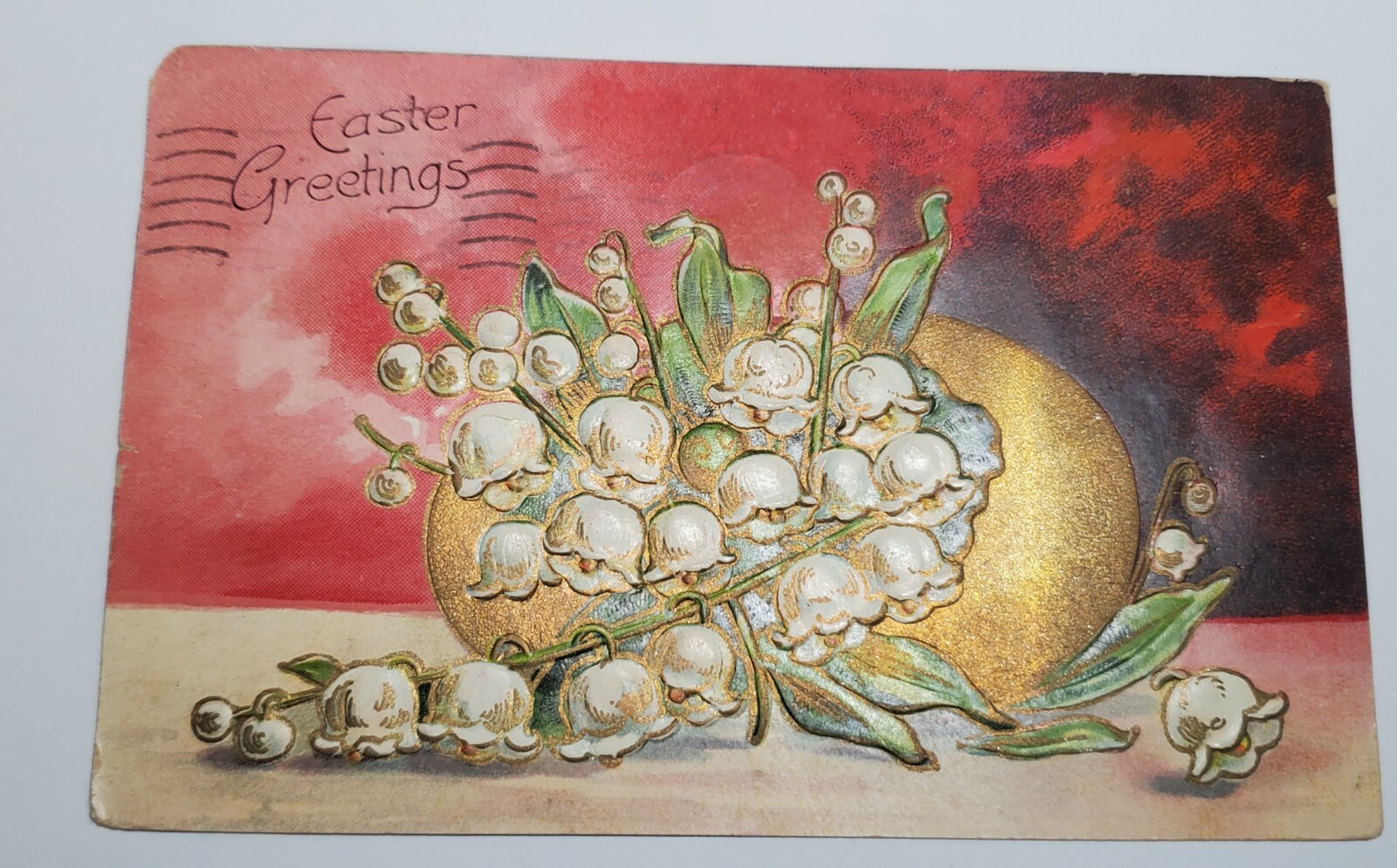 Vtg 1900s Happy Easter Greetings Embossed Gilted Postcard Lilly\'s Bunny Rabbit 
