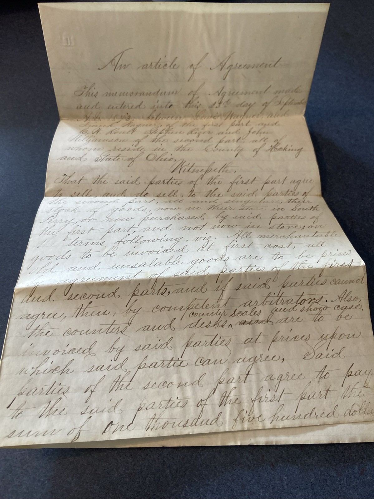 1873 Handwritten Article of Agreement Ohio Business Contract Manuscript 1873 Handwritten Article of Agreement Ohio Business Contract Manuscript