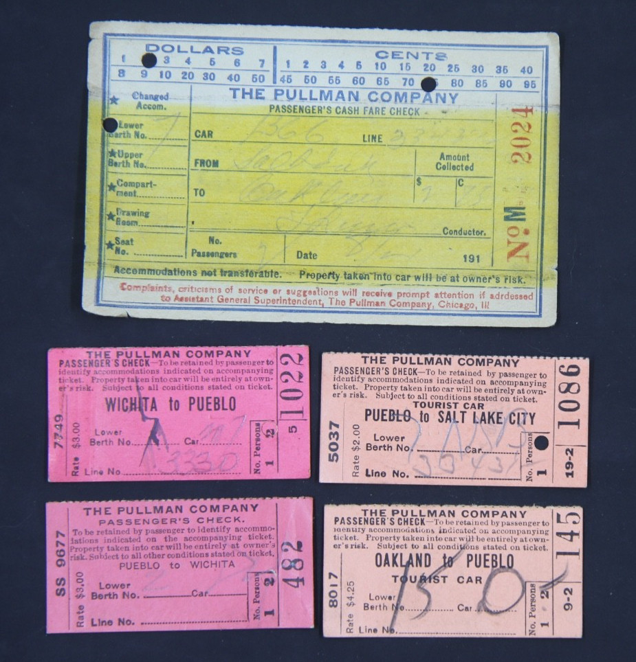 1916 Pullman Company receipt and ticket checks, Wichita Kansas, Pueblo Colorado