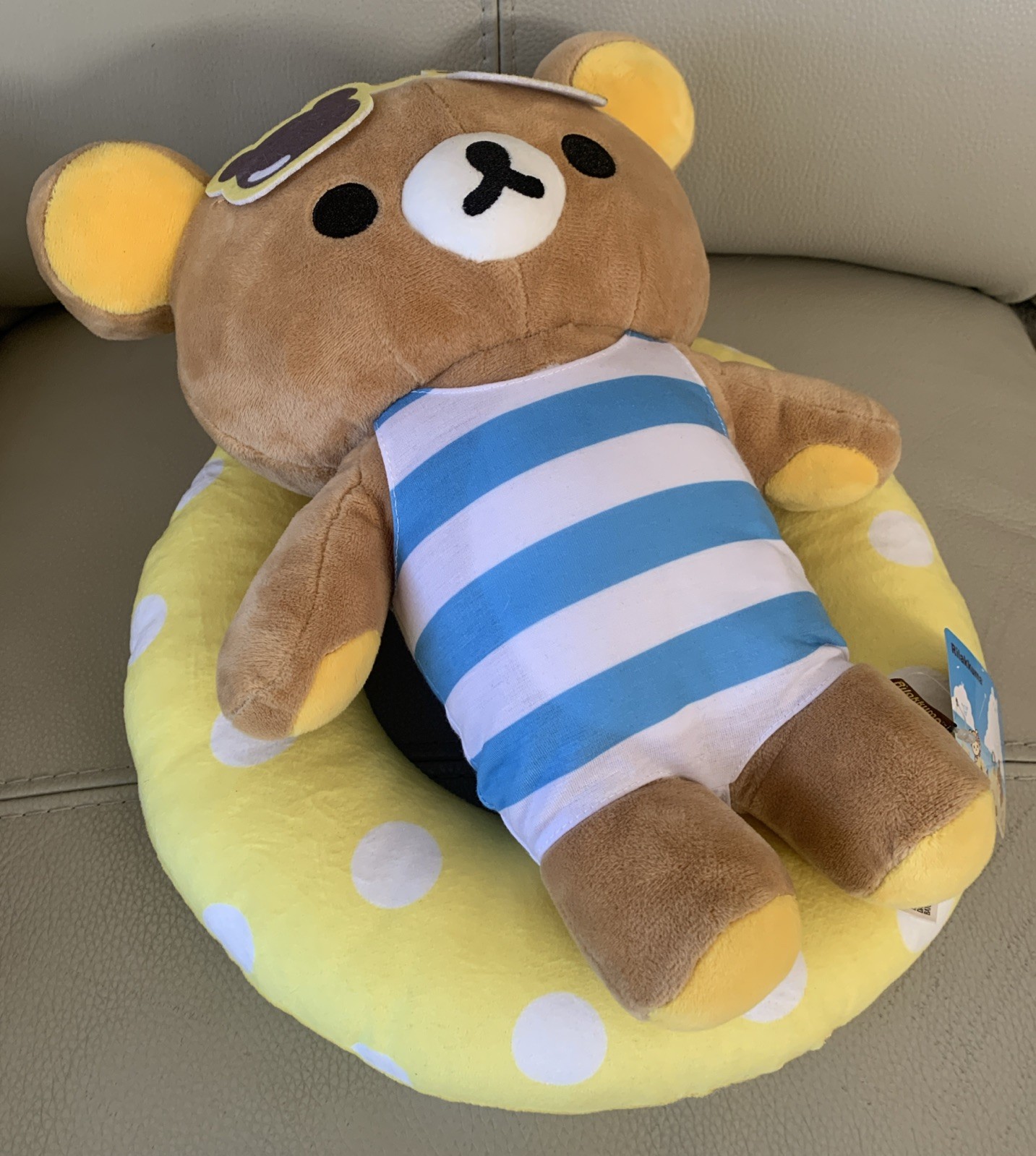 Rilakkuma On Yellow Swim Ring Donut Plush 13” Sunglasses Blue White Swimsuit NWT
