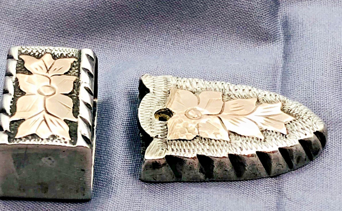 Vtg  Two Piece  Belt Buckle Tip  and Keeper Sterling Silver Gold Overlay Floral