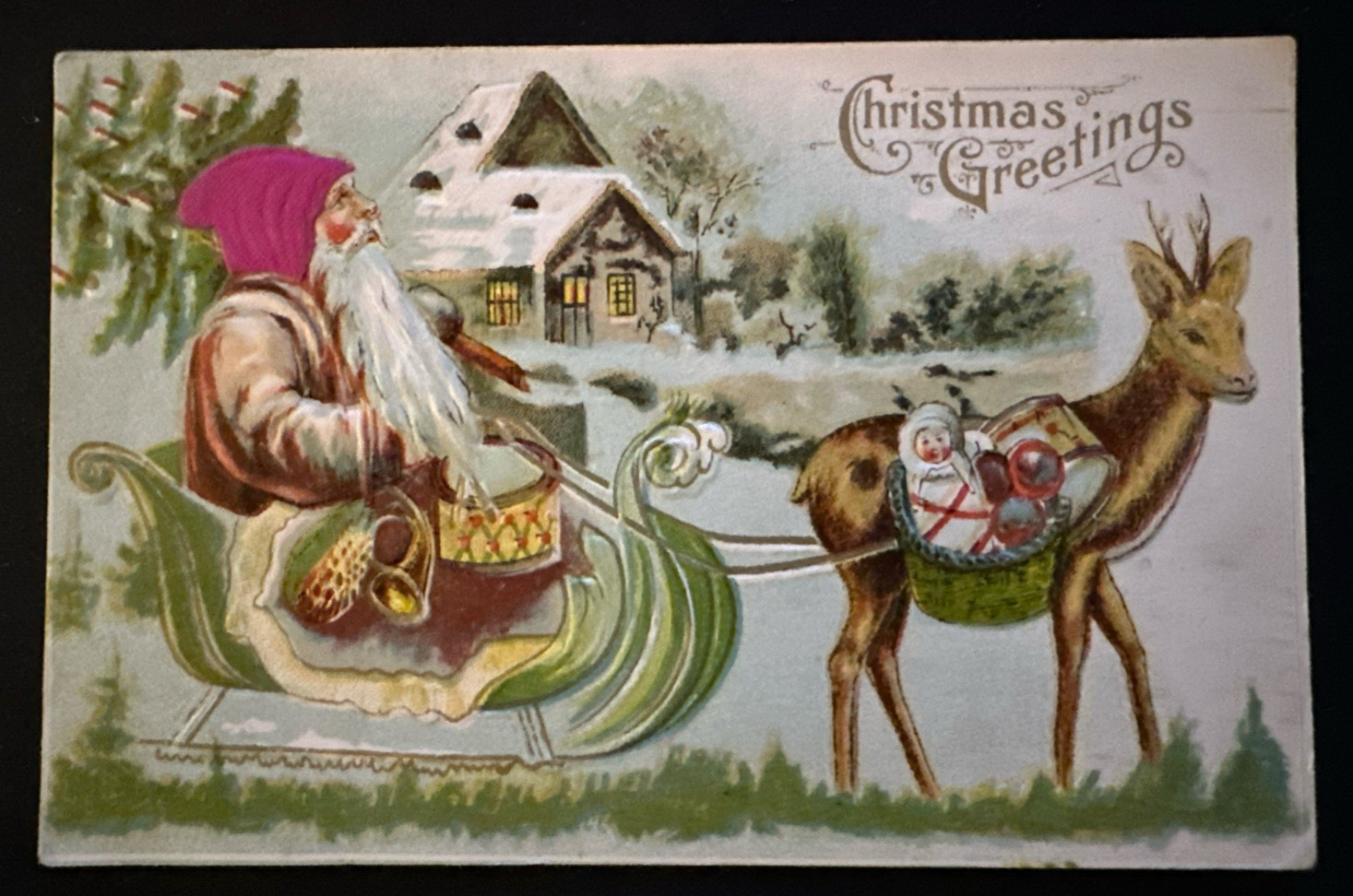Silk Santa Claus in Sled with Reindeer~Winter Scene~1907 Christmas Postcard~r805