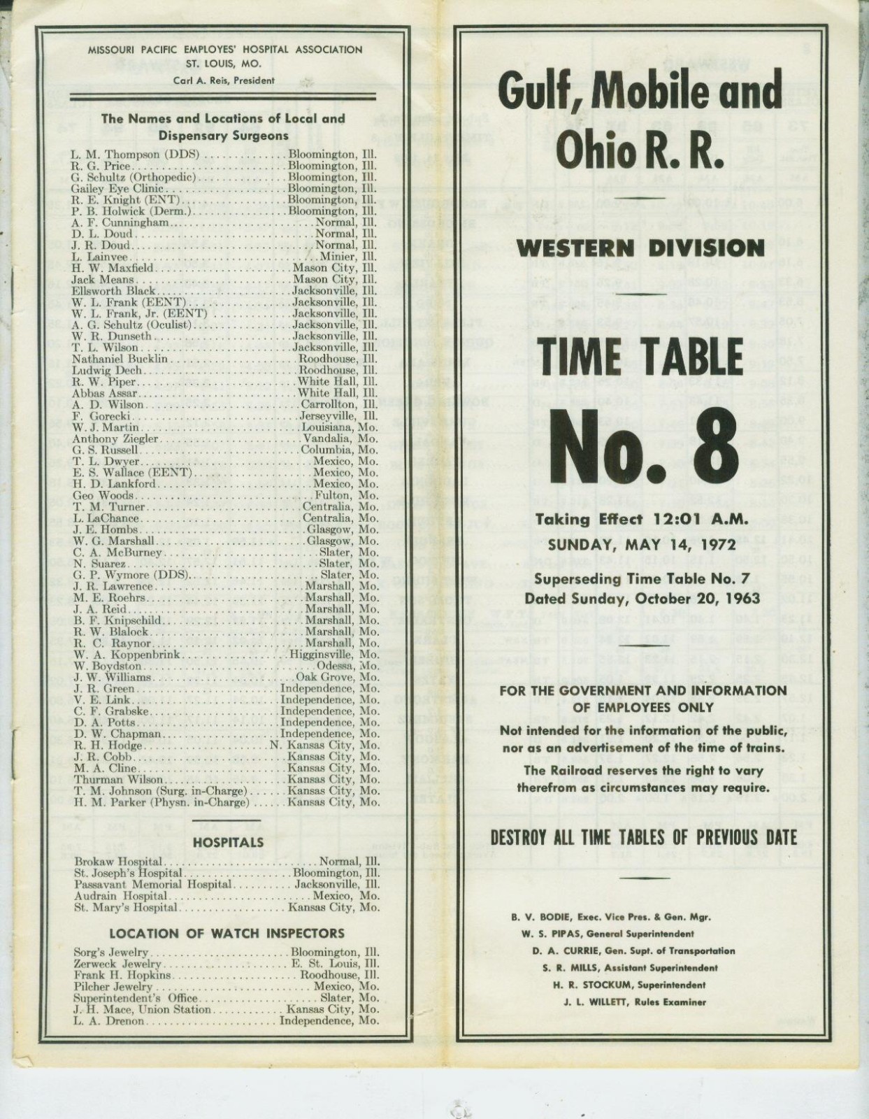 GLUF, MOBILE & OHIO GM&O R.R. ETT TIMETABLE WESTERN DIV. #8  5-14-1971 15 PAGES.