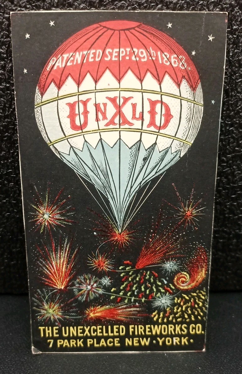 UnXlD Trade Card Fireworks Co, New York c 1890 Night View Hot Air Balloon, Rebus UnXlD Trade Card Fireworks Co, New York c 1890 Night View Hot Air Balloon, Rebus