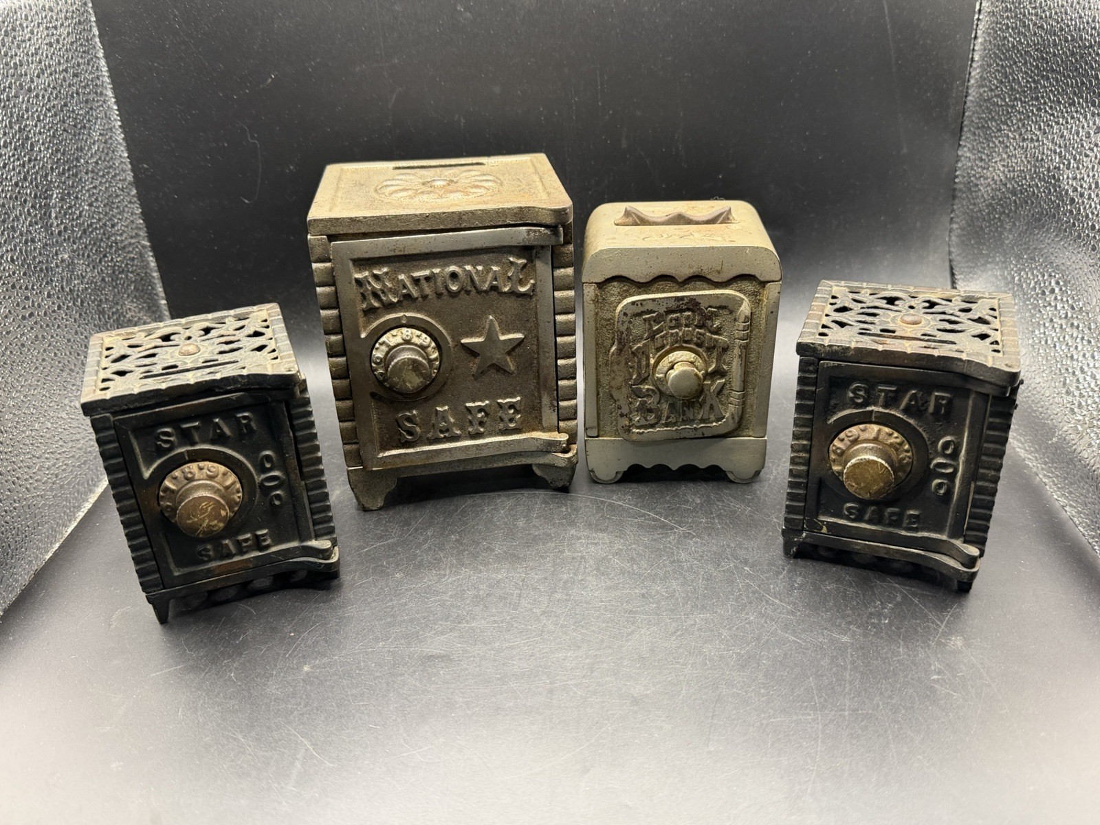 Lot 4 Antique Cast Iron Safe Still Banks Star National Fort Deposit Vintage 1900