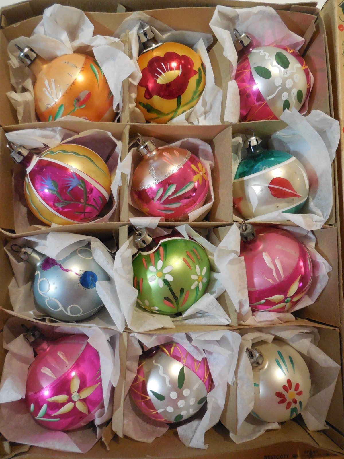 Vintage Fantasia Glass Christmas Ornaments, Box of 12, Poland