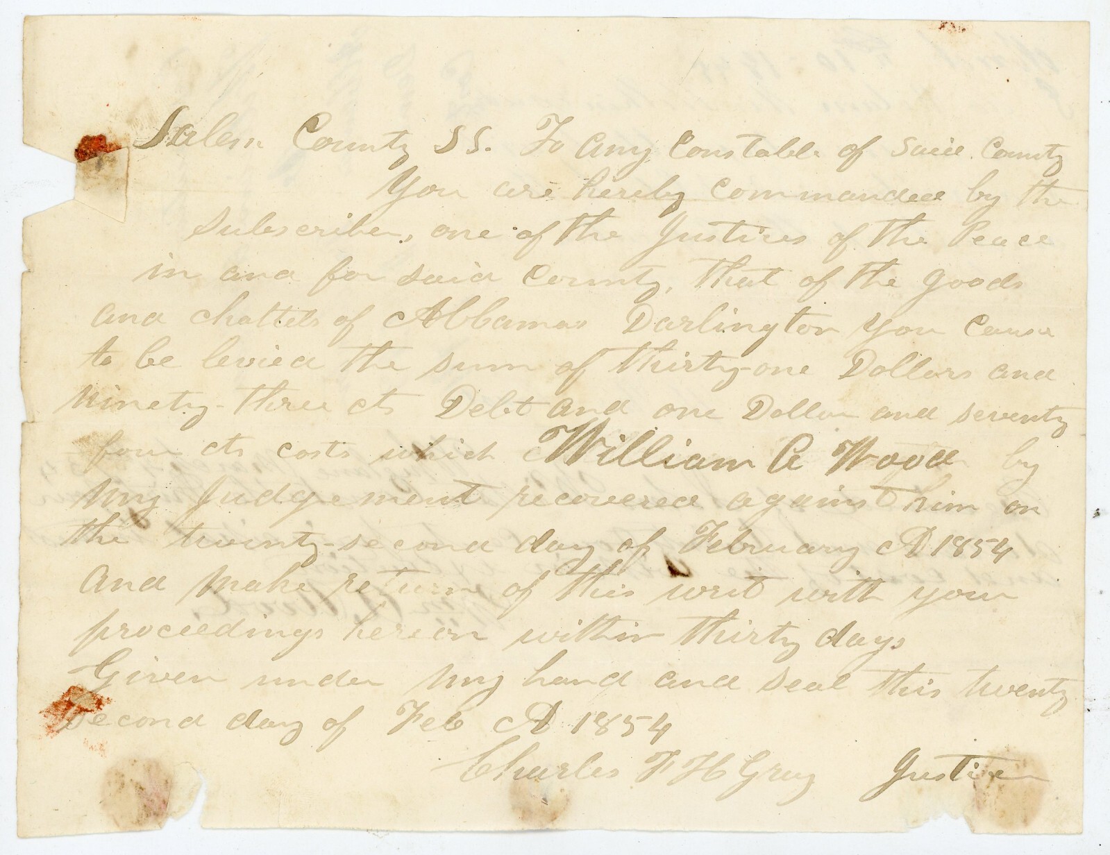 1834-1845 NJ Constable Court Document Execution Order & Receipt Salem Co Wm Wood 1834-1845 NJ Constable Court Document Execution Order & Receipt Salem Co Wm Wood
