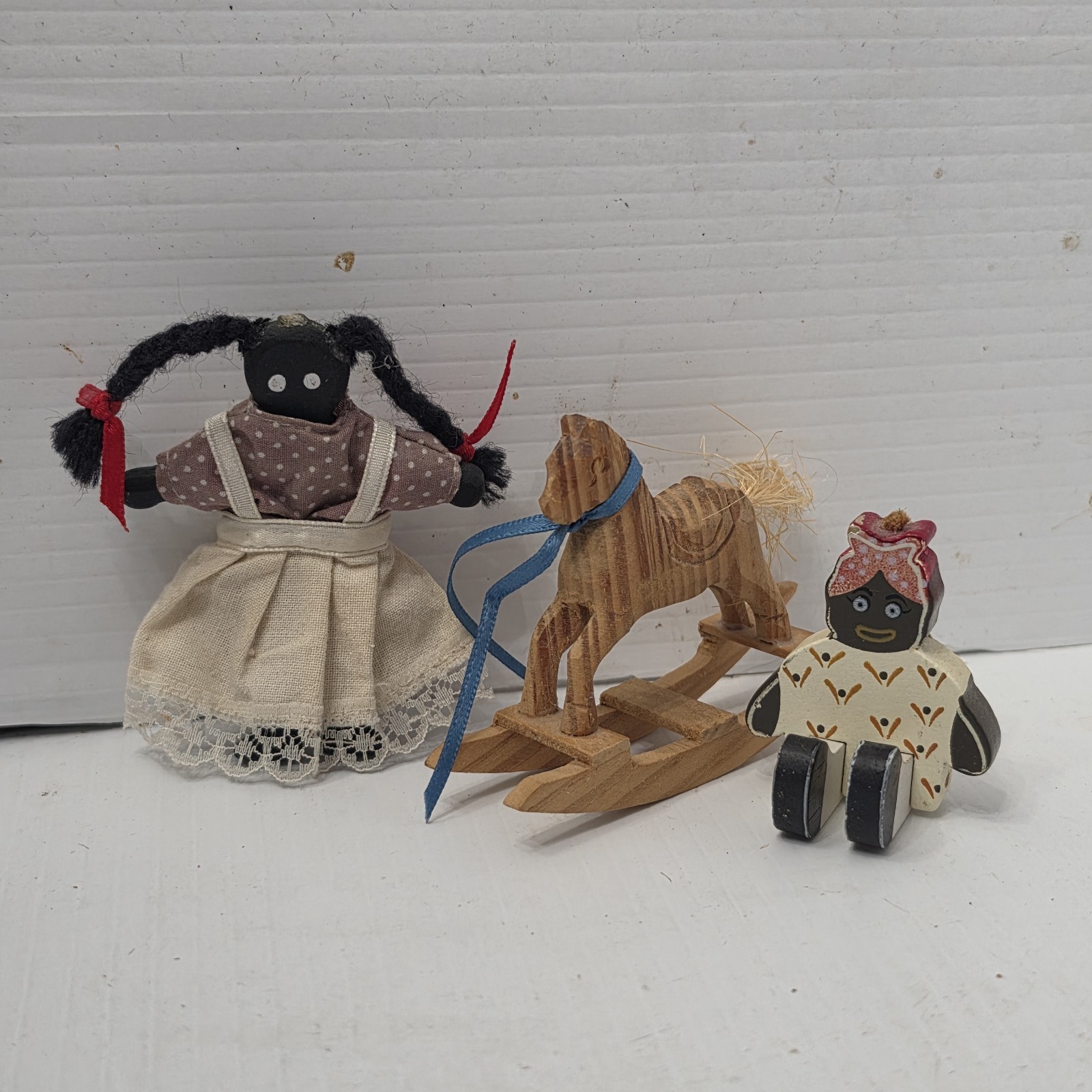 Vtg Miniature Wooden Black Folk Art Lot Americana Doll Rocking Horse Sitter