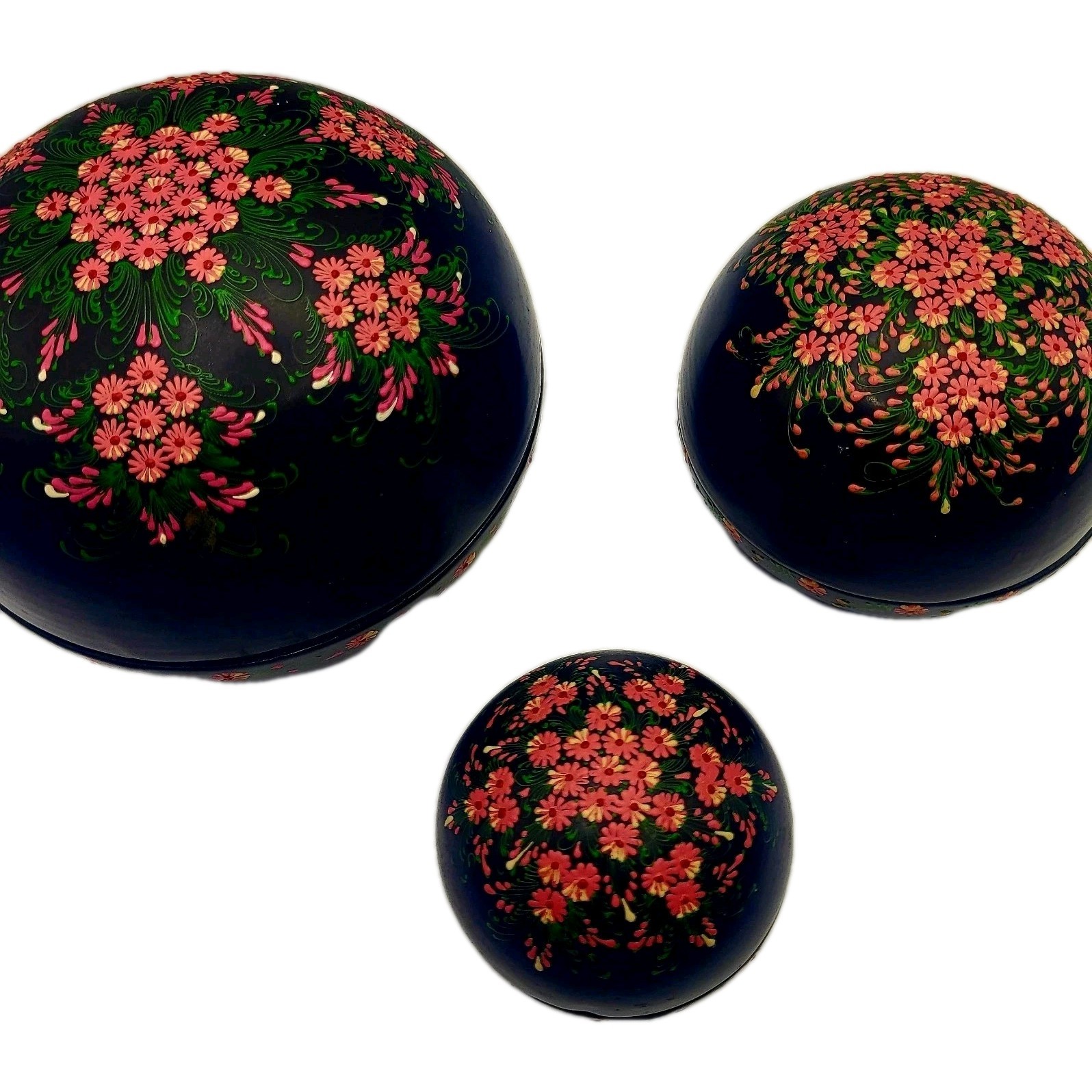 Vintage HAND PAINTED FLORAL Set of 3 Black Lacquer Round Trinket Boxes Nesting