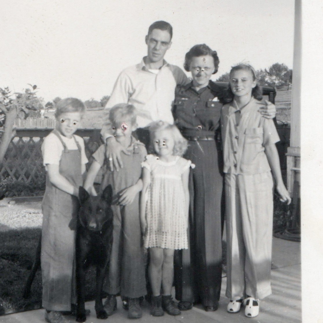 c1940s Family Children in Overalls German Shepherd Dog Snapshot Photo Porch Lawn c1940s Family Children in Overalls German Shepherd Dog Snapshot Photo Porch Lawn