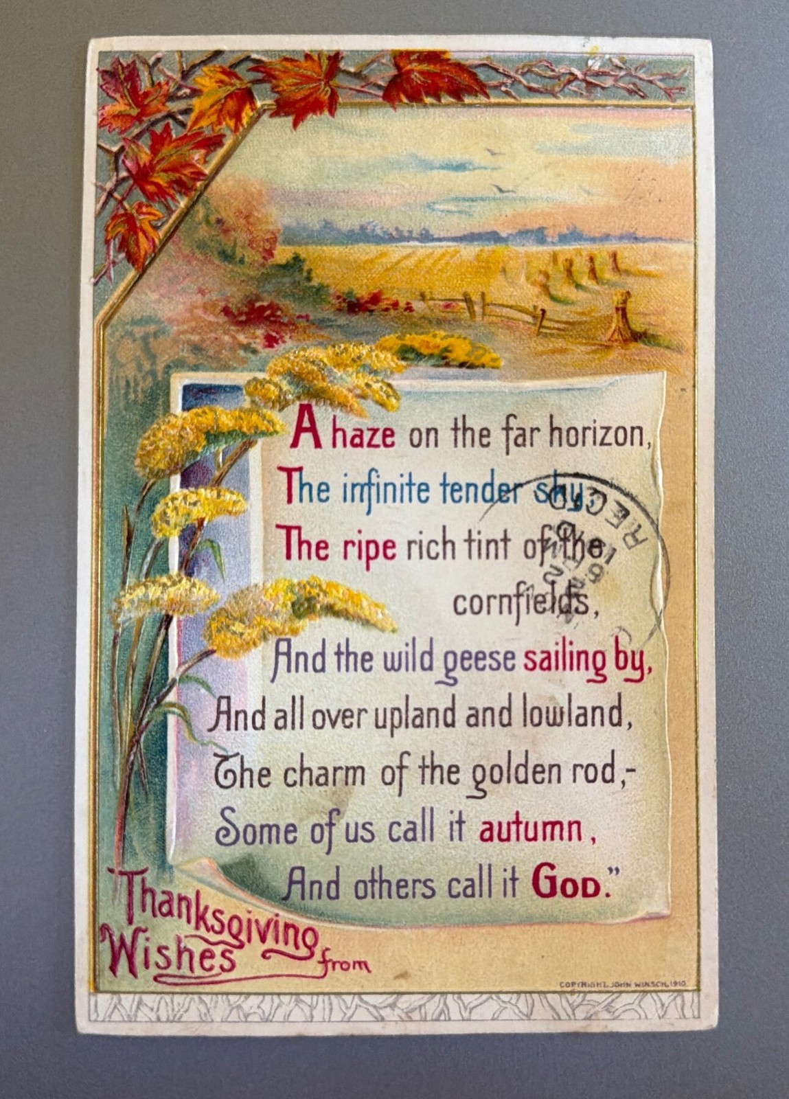 Postcard 1910 Thanksgiving Wishes Autumn Poem Golden Rod Winsch Embossed CA Postcard 1910 Thanksgiving Wishes Autumn Poem Golden Rod Winsch Embossed CA