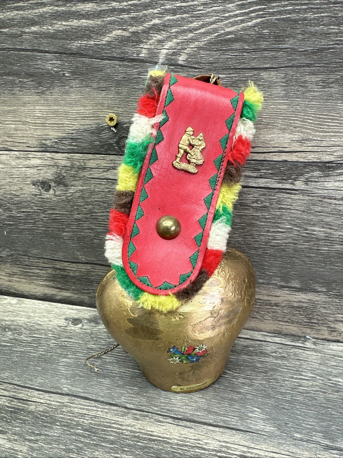 Vintage Large Swiss Cow Bell With Fringe Leather Collar 4.5” Brass Bell,