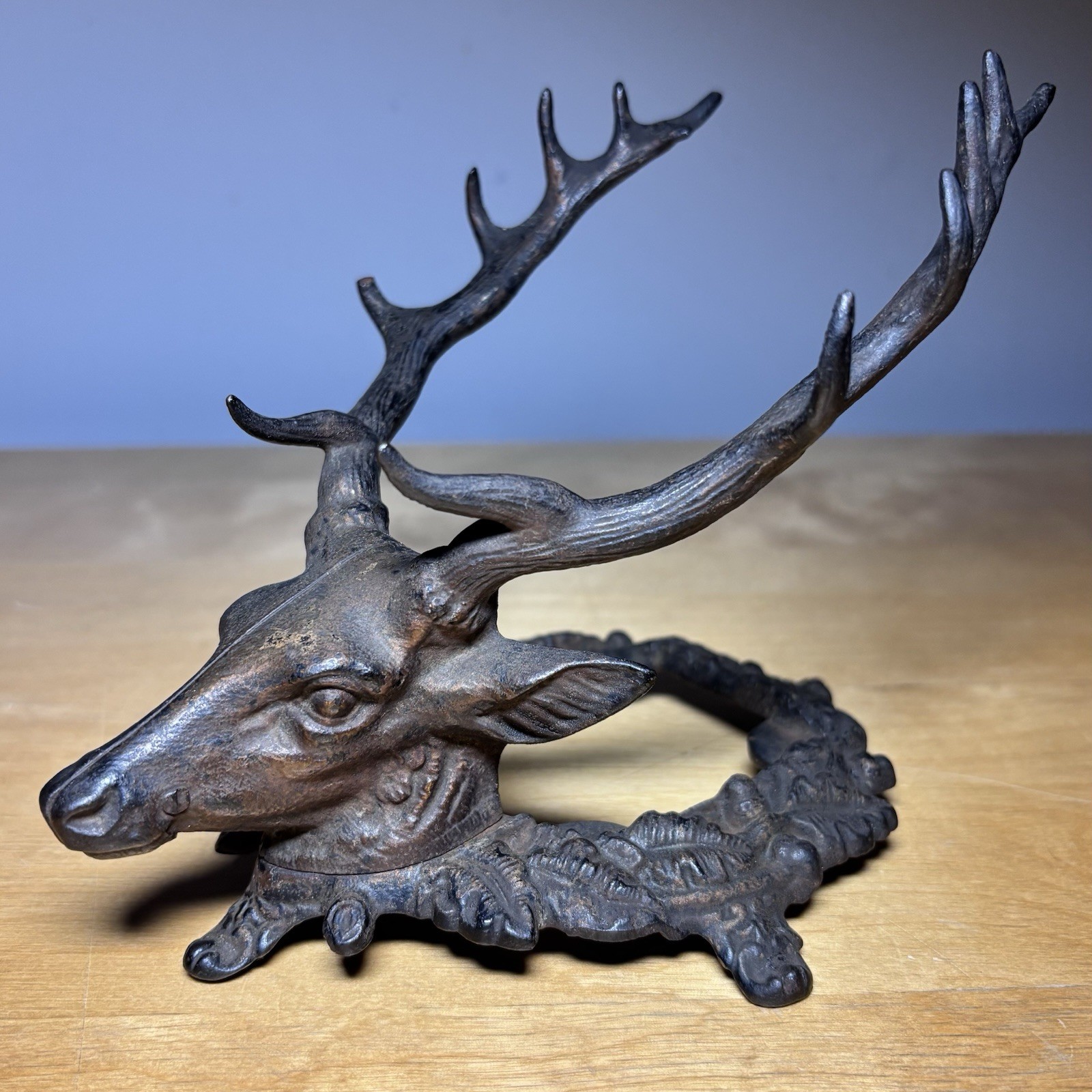 Antique Cast Iron Stag Deer Head Inkwell Pen Holder Victorian Desk Stand