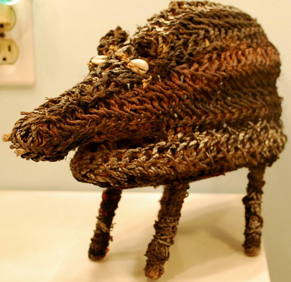 Vintage West African Dogon Mali HAND WOVEN WARTHOG FIGURE Shell Eye HAND PAINTED