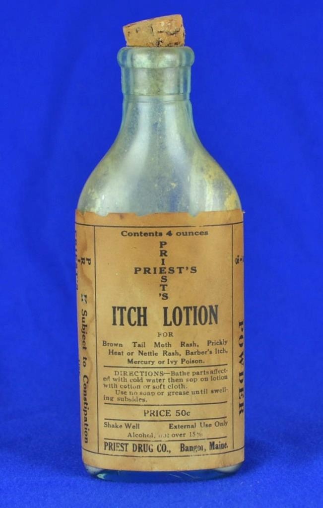 RARE PRIEST\'S ITCH LOTION ADVERTISING BOTTLE - PRIEST DRUG CO. BANGOR ME c1900