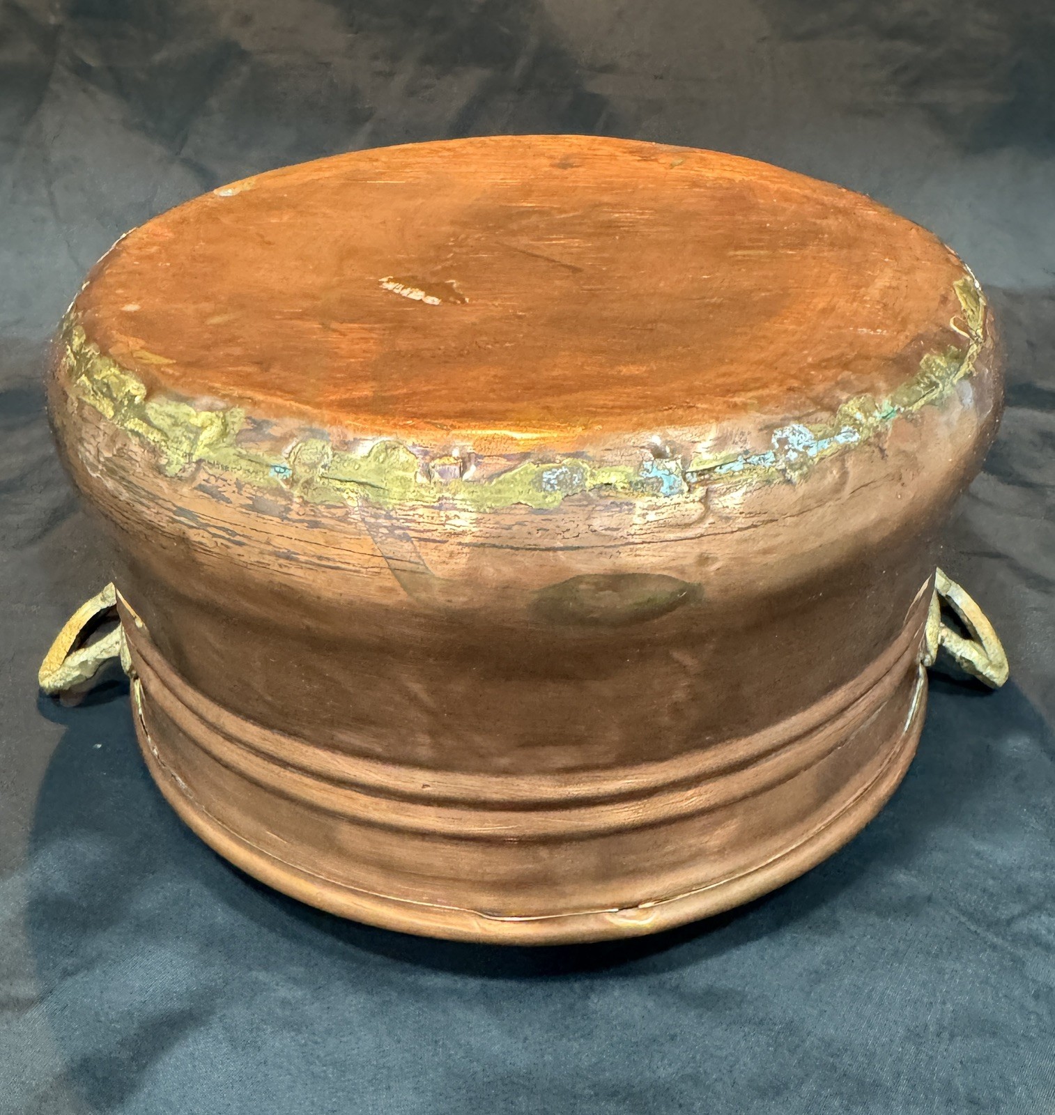 Antique Hand Hammered Copper Pot Rolled Edge Dovetailed Seam Brass Handles 