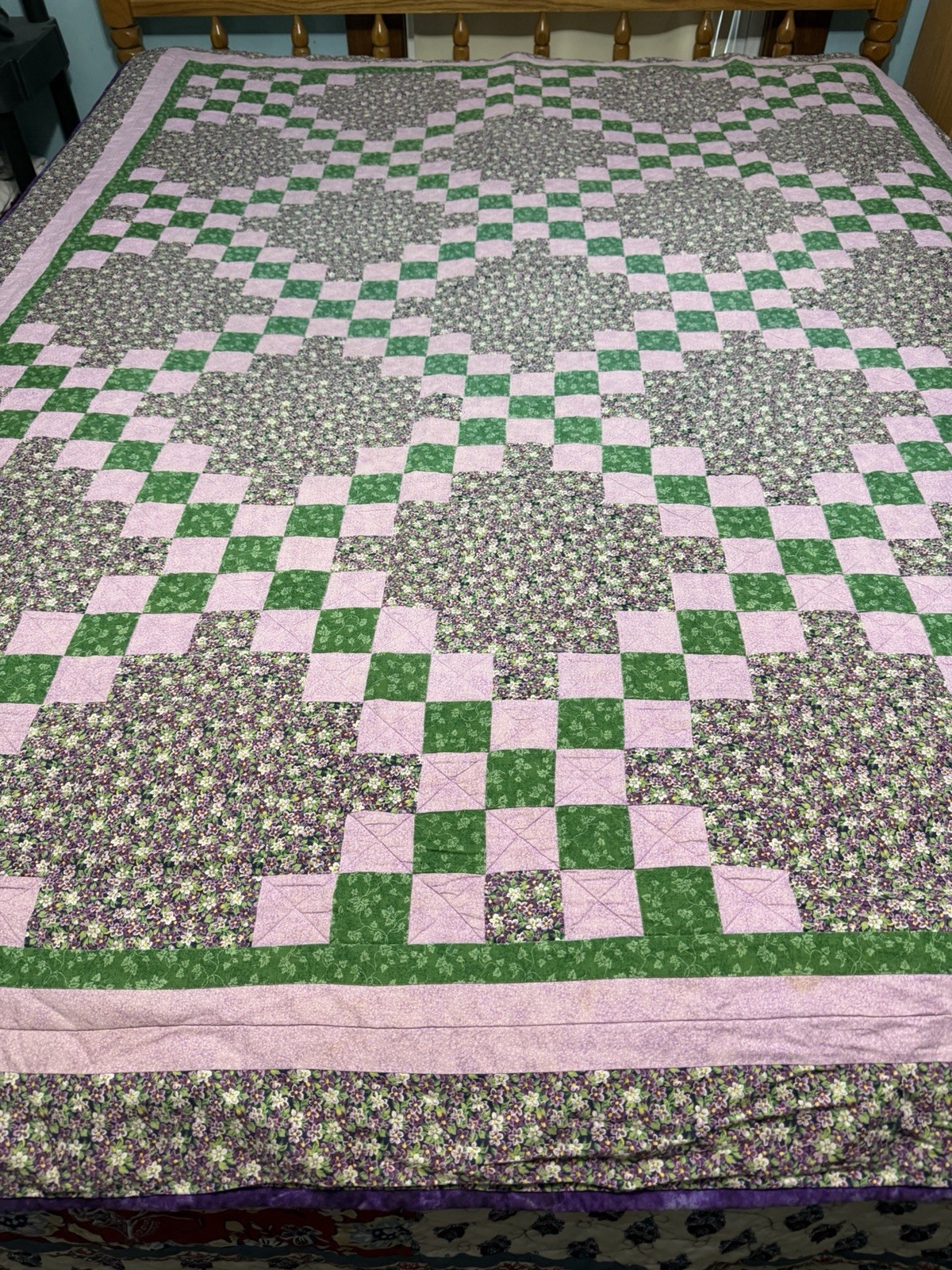 Vintage Handmade Double Irish Chain Quilt Pink, Green Floral Patchwork 77X61