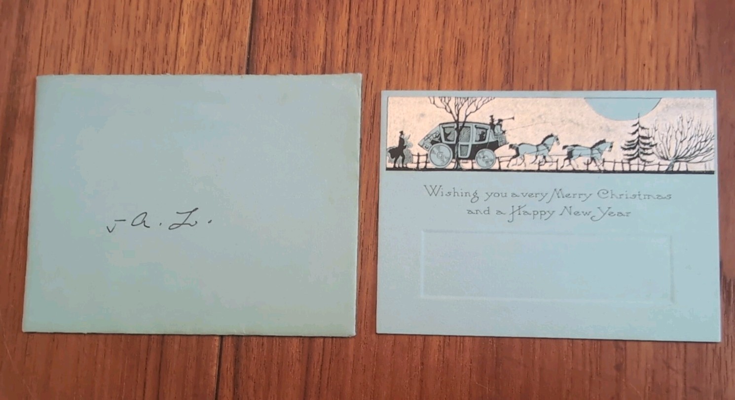 Vtg ART DECO Christmas Card 4.5x3.4 Blue Card w/horse carriage- Merry Christmas 