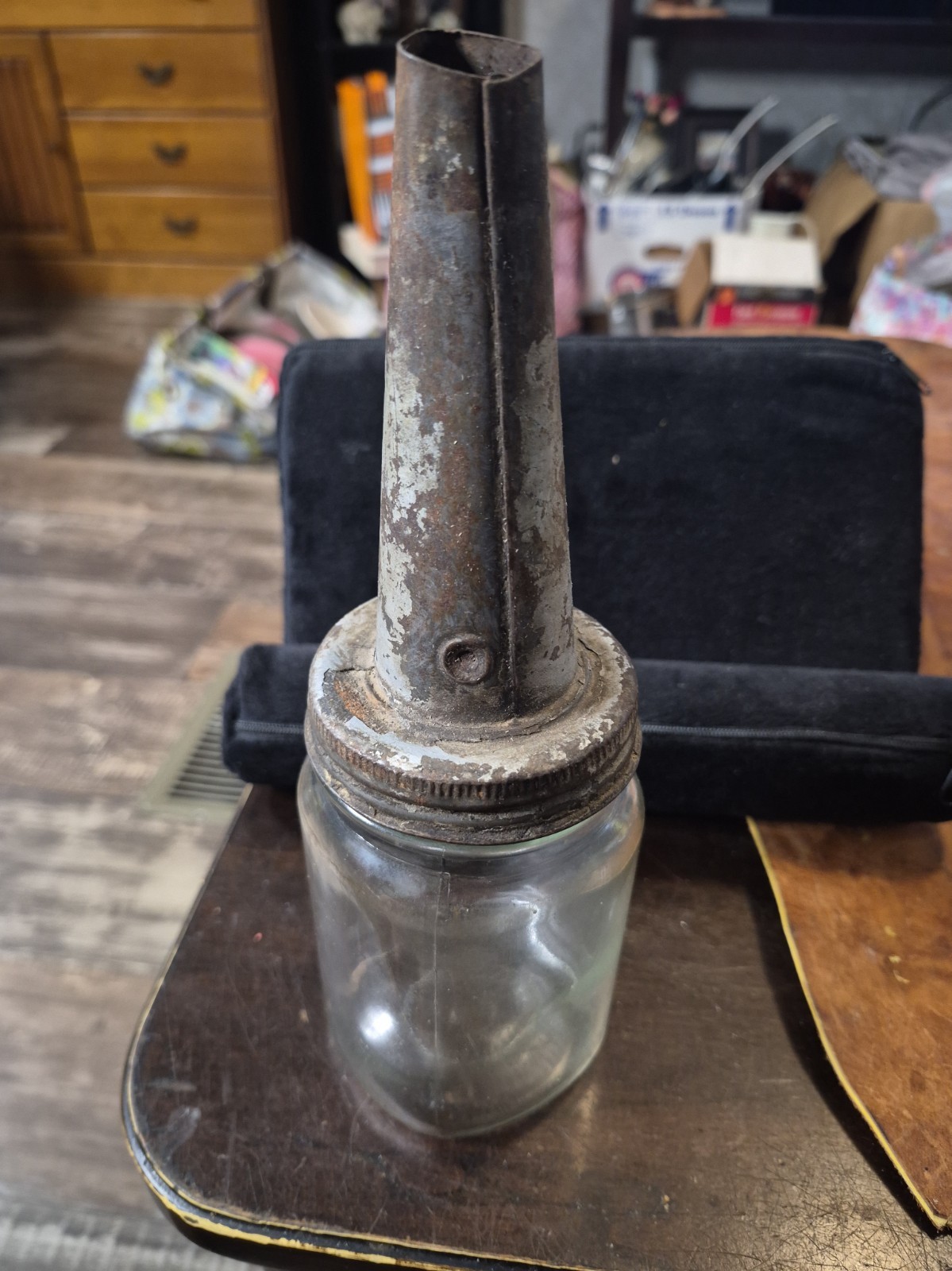 Vintage Huffman Motor Oil Metal Pour Spout on 1930s Kerr Self Sealing Mason Jar