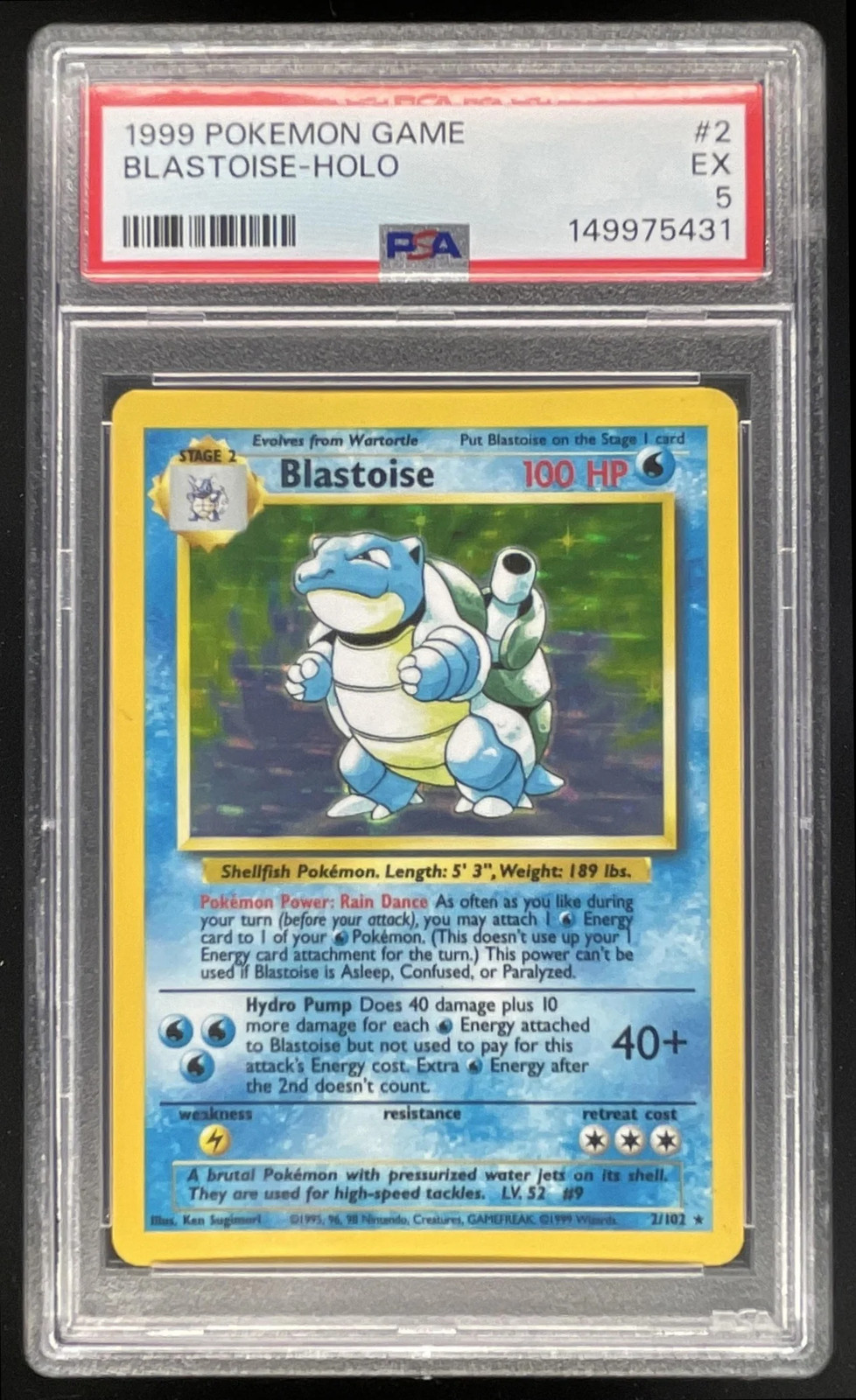 1999 Pokemon Unlimited Set #2/102 Blastoise Rare Holo PSA 5
