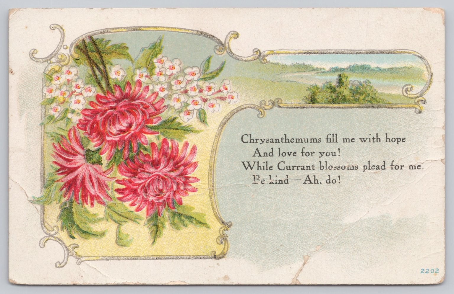 Vintage Chrysanthemum Currant Blossom Valentine Greetings Postcard Embossed