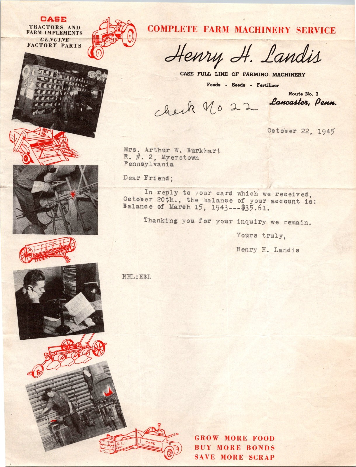 Henry Landis Lancaster PA 1945 Graphic Letterhead Case Tractors Farm Machinery Henry Landis Lancaster PA 1945 Graphic Letterhead Case Tractors Farm Machinery