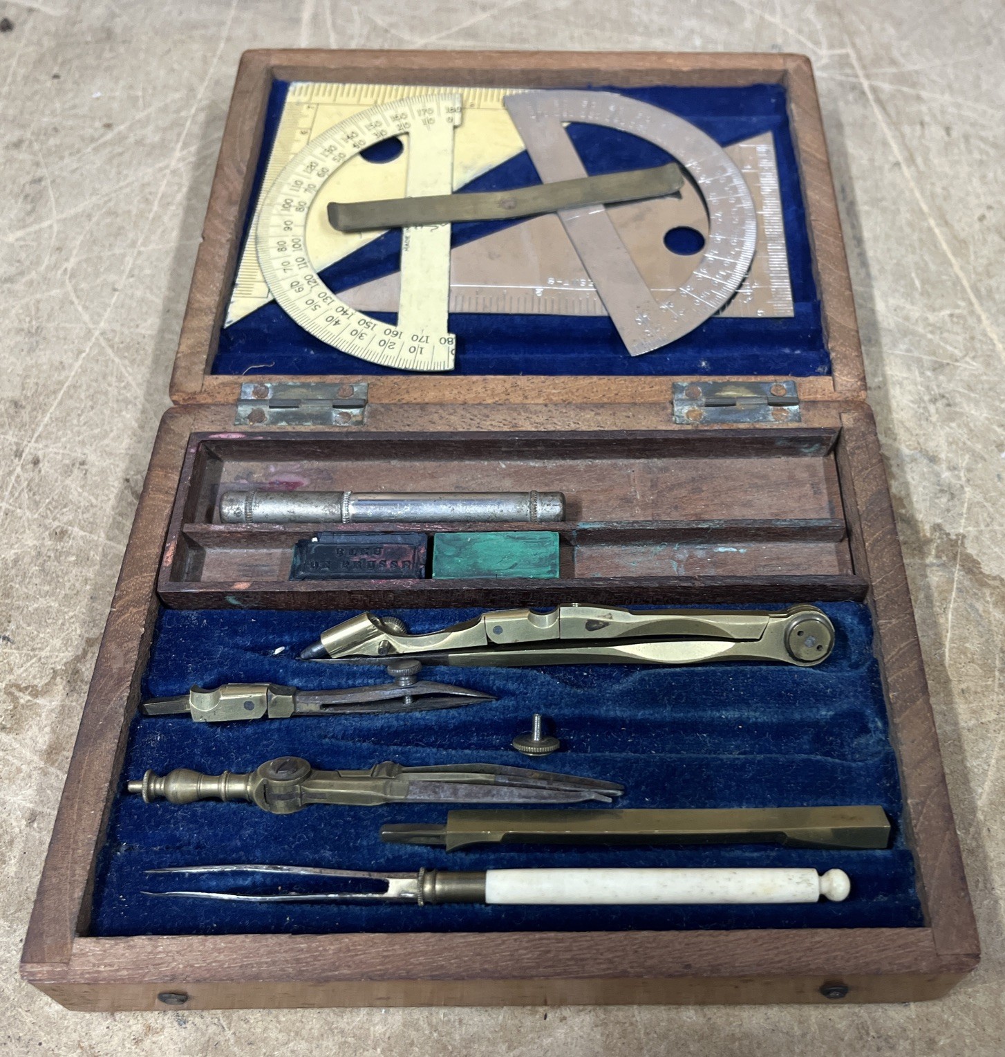 Antique Brass Drafting Set In Wooden Case
