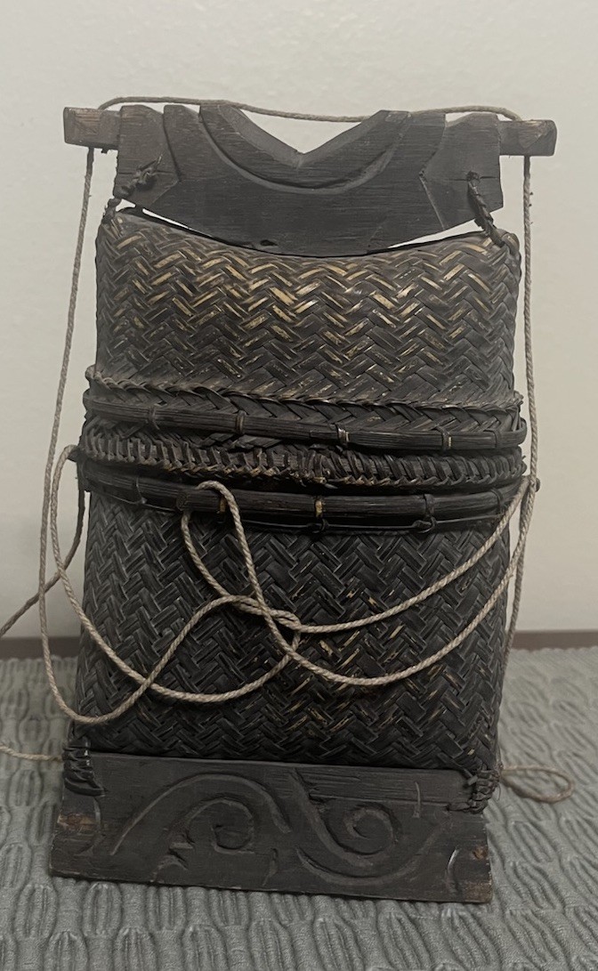 Vintage Indonesian Woven Basket Bag Carved Wooden Base and Top .. please read