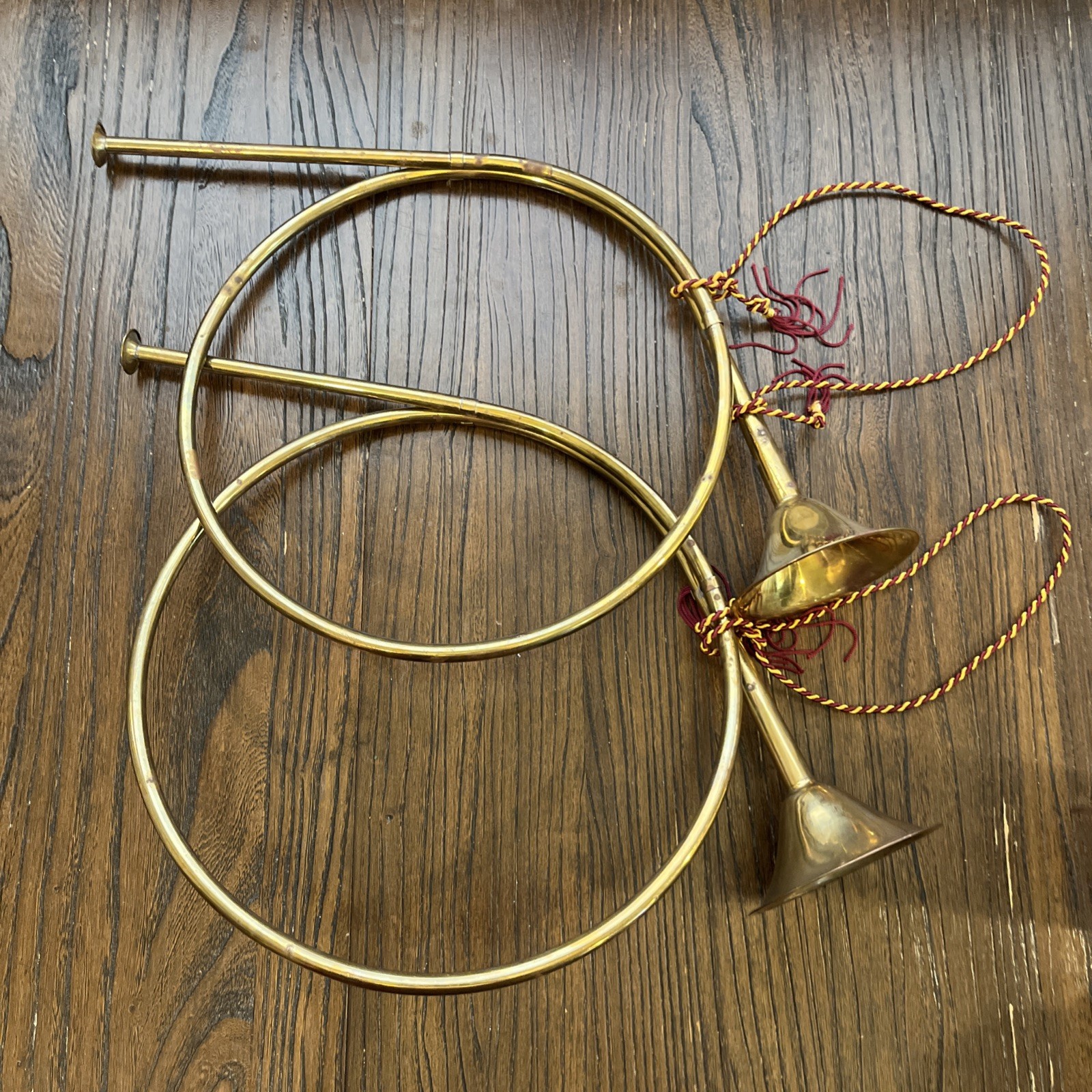 2 Large Vtg French Horn Brass Ornament Set Pair 19 2 Large Vtg French Horn Brass Ornament Set Pair 19
