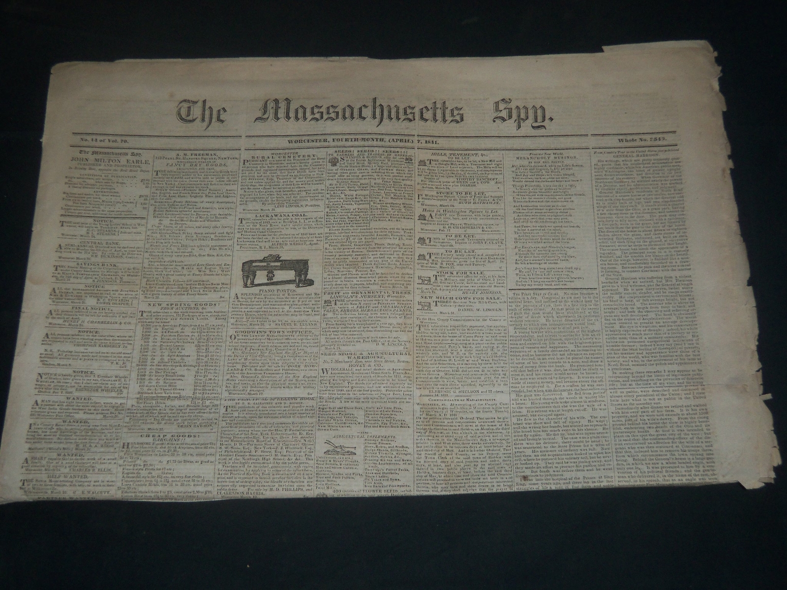 1841 APRIL 7 MASSACHUSETTS SPY NEWSPAPER - GENERAL HARRISON DEAD - NP 3968 1841 APRIL 7 MASSACHUSETTS SPY NEWSPAPER - GENERAL HARRISON DEAD - NP 3968