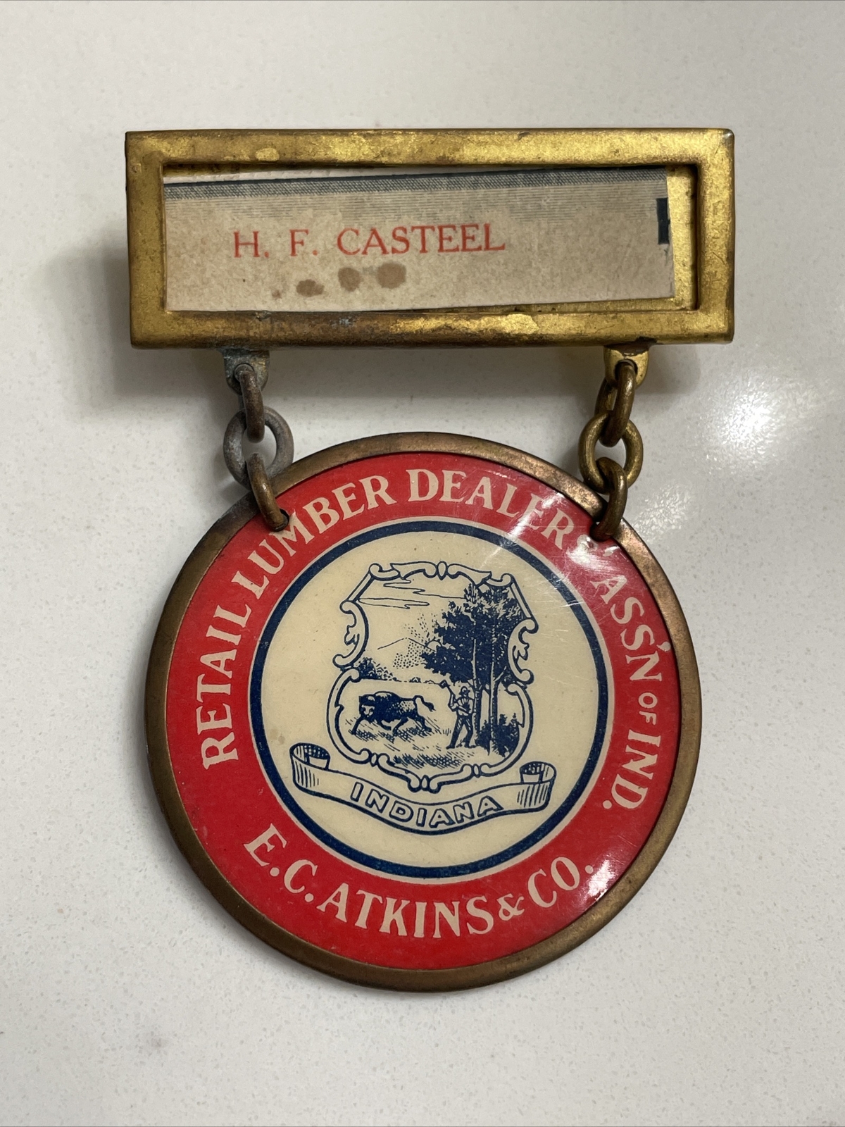 Ca1915 Retail Lumber Dealer Association of Indiana Member Badge EC Atkins & Co Ca1915 Retail Lumber Dealer Association of Indiana Member Badge EC Atkins & Co