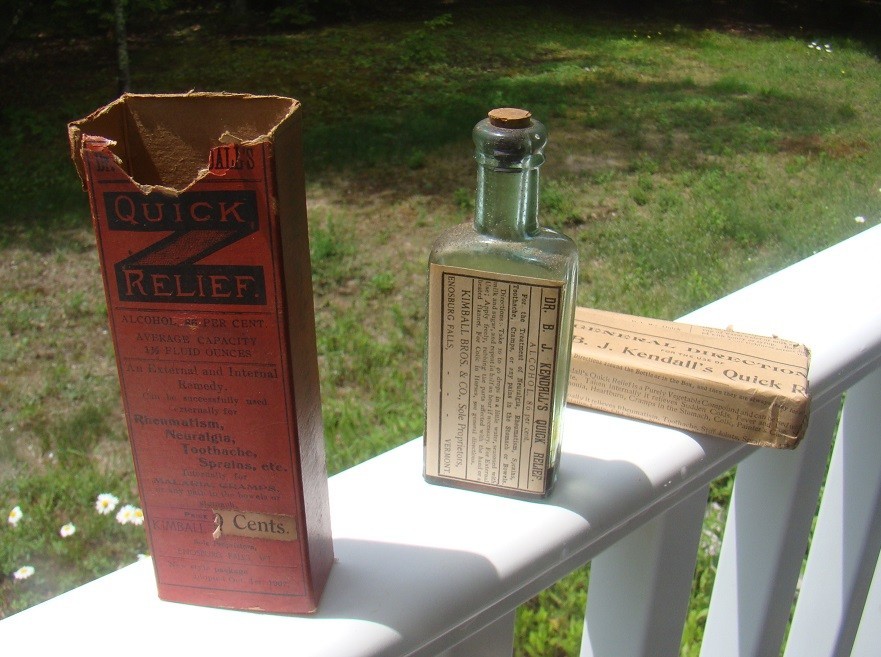DR. B.J. KENDALL'S QUICK RELIEF-ENOSBURG FALLS, VT. Label, Box, Insert, Bottle DR. B.J. KENDALL'S QUICK RELIEF-ENOSBURG FALLS, VT. Label, Box, Insert, Bottle
