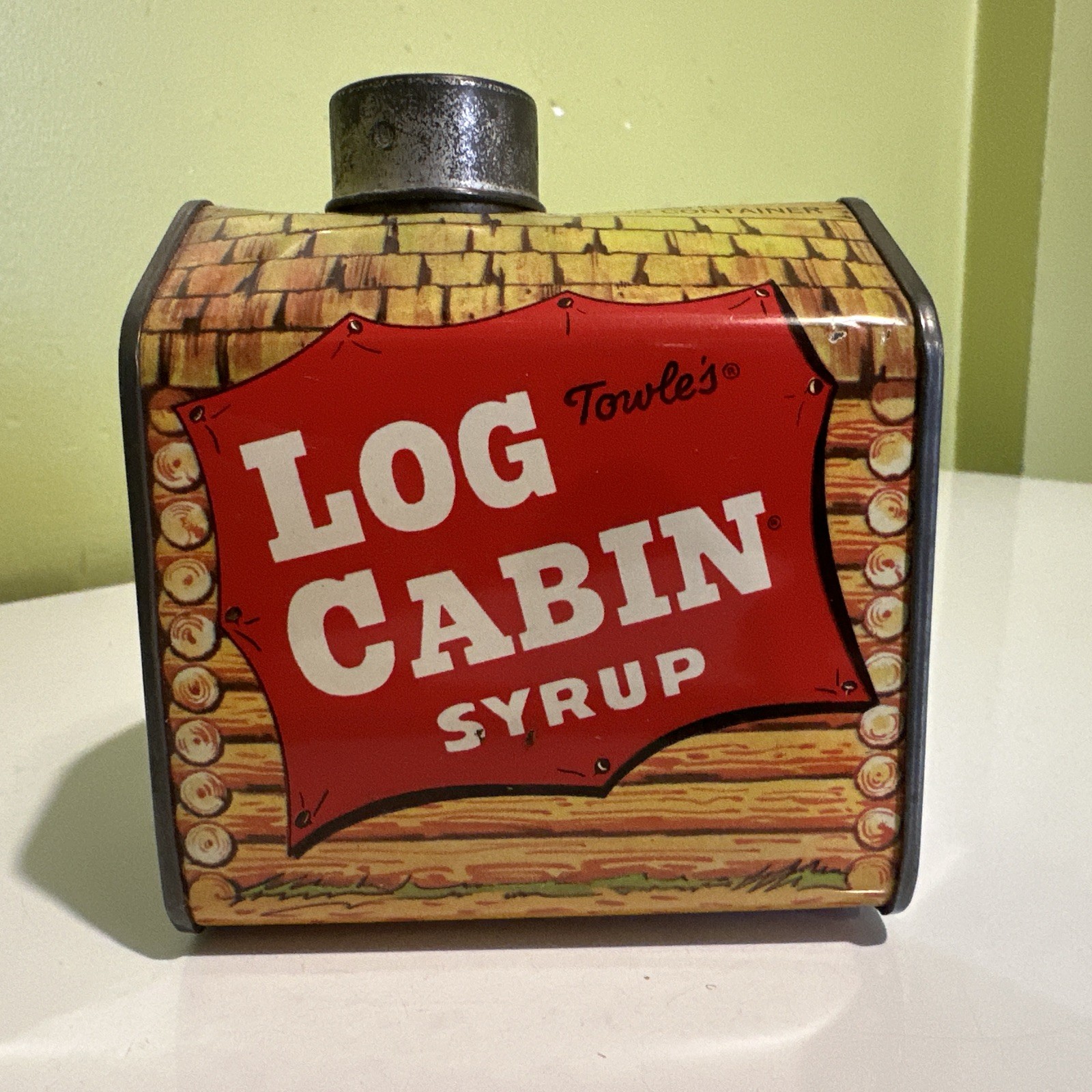 Vintage Towle’s Log Cabin Syrup Bank Tin Advertising