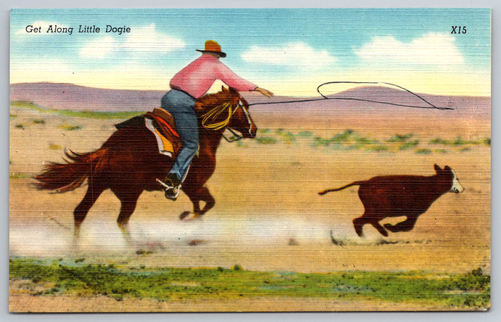 c1940s Get Along Little Dogie Boston MA Cowboy Rodeo Horse Postcard
