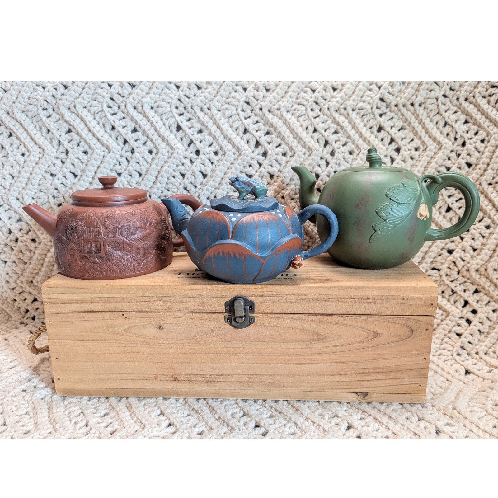 Vintage Yixing Zisha Clay Teapot Set of 3 Frog Lotus Landscape Artisan Signed Vintage Yixing Zisha Clay Teapot Set of 3 Frog Lotus Landscape Artisan Signed